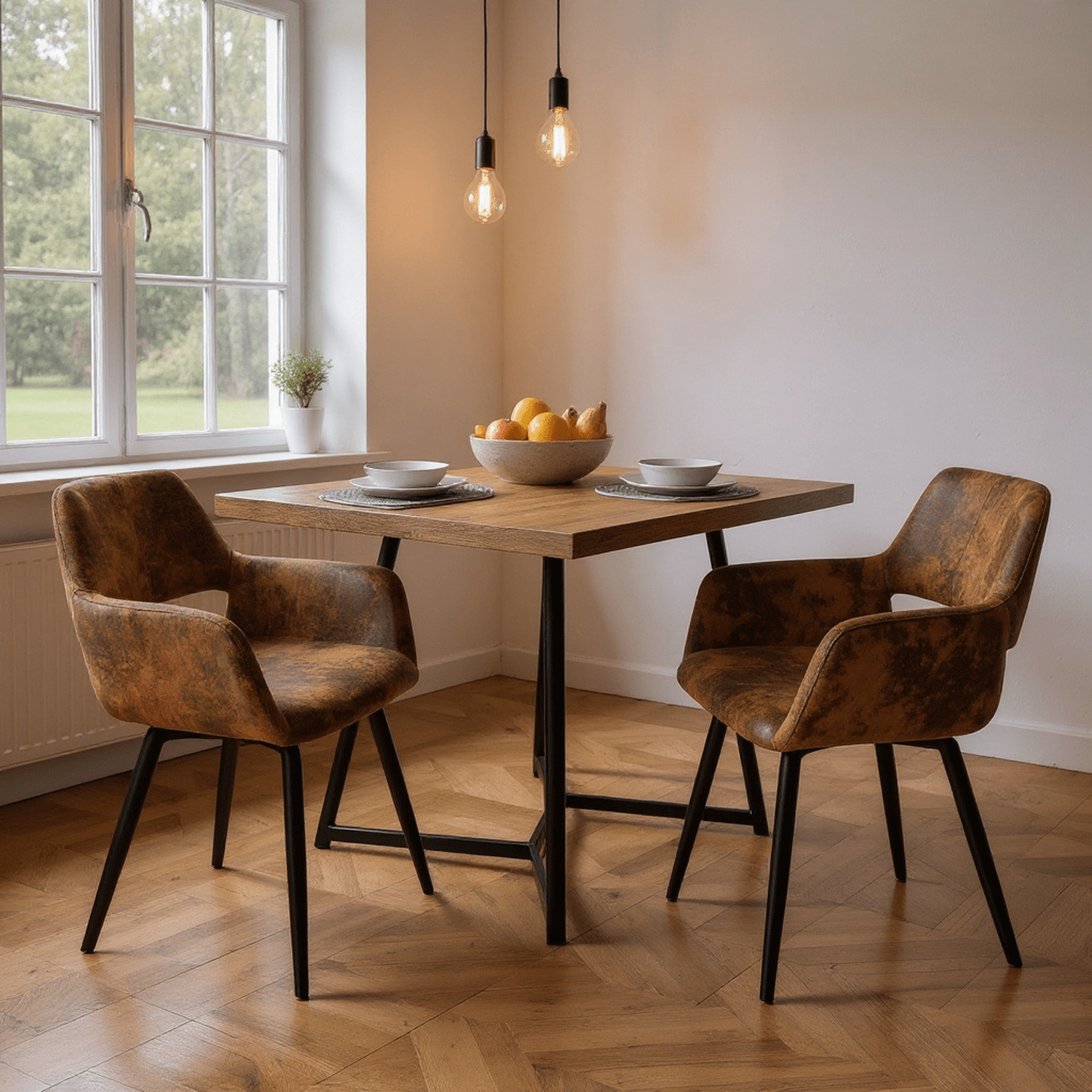 MEUBLE COSY 2 PCS Chaise de Salle à Manger Rétro Industrielle avec Accoudoir, Siège en Suède Confortable, Cadre et Pieds en Métal Robuste pour Mobilier de Maison et Salle à Manger, 56x56x78 cm, Marron