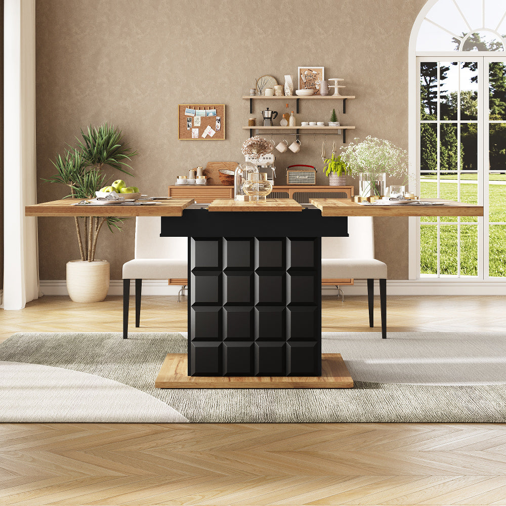 Table à manger extensible, pliable 110-140 x 80 cm, table de cuisine avec motif d'échiquier pour 4-6 personnes, table télescopique peu encombrante avec étagère latérale, table à manger pour petit appartement de cuisine salon