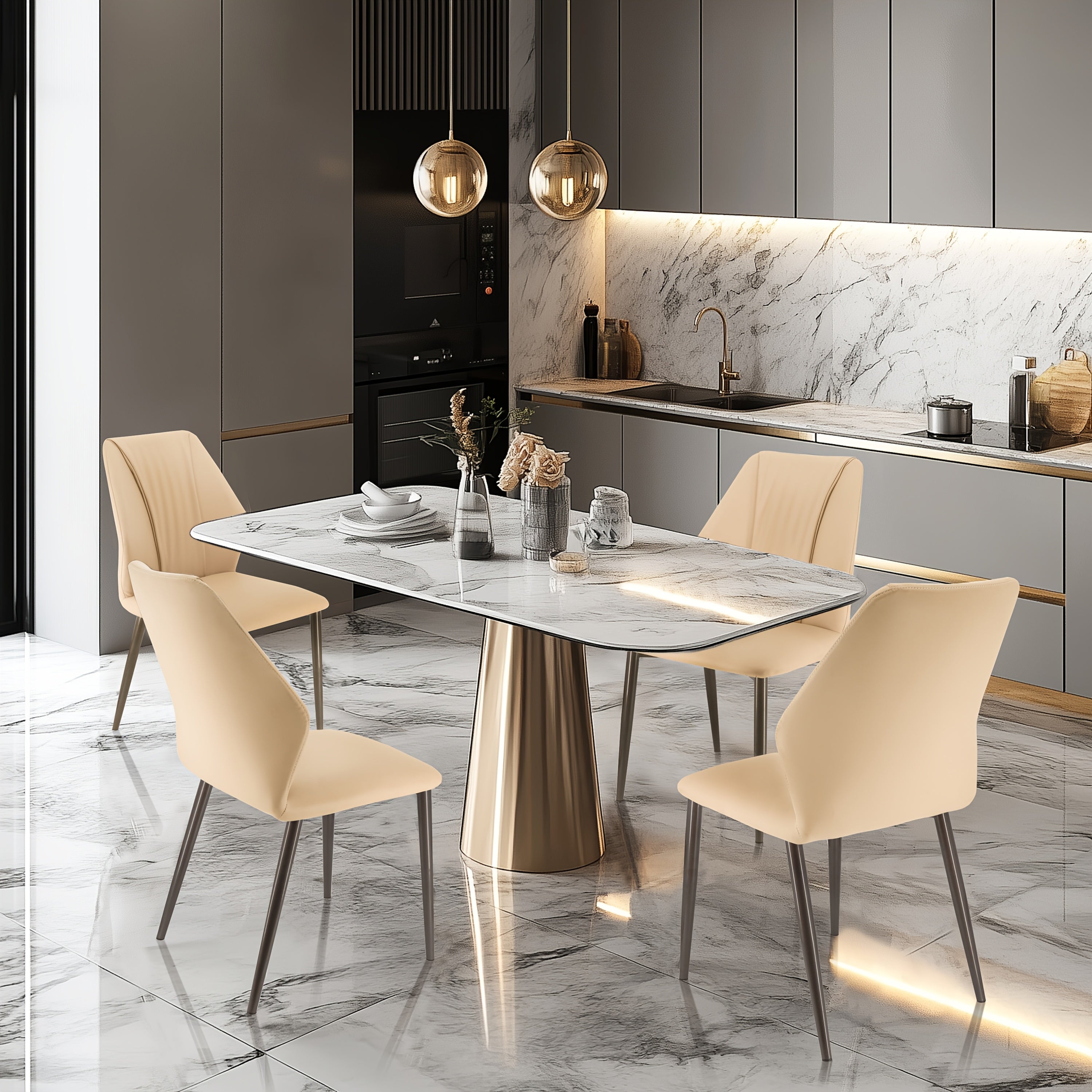 Ensemble de 4 chaises à manger, Chaises salle à manger en simili cuir ultra doux avec dossier et pieds métalliques solides pour séjour ou lounge maison - Gris foncé & Kaki