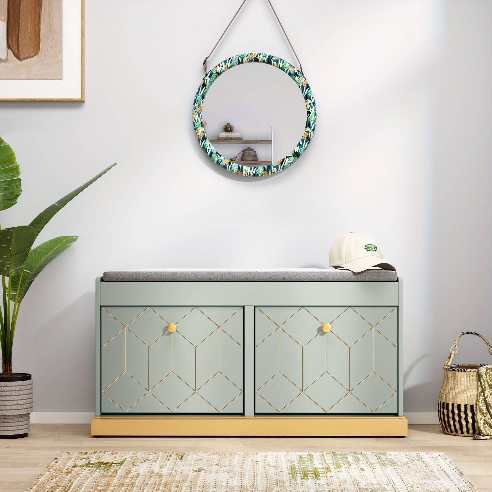Étagère à Chaussures HOLTICO avec 2 Tiroirs et Siège Rembourré, Meuble de Rangement pour Couloir ou Salon, Blanc
