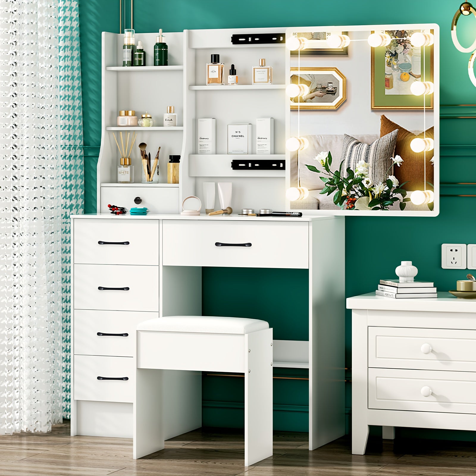 Coiffeuse, Table de Maquillage avec Tabouret Moelleux, Miroir HD et Lumières LED Réglables, 6 Tiroirs, Compartiment d'Étagère Ouvert, Style Moderne, pour Femmes, Blanc