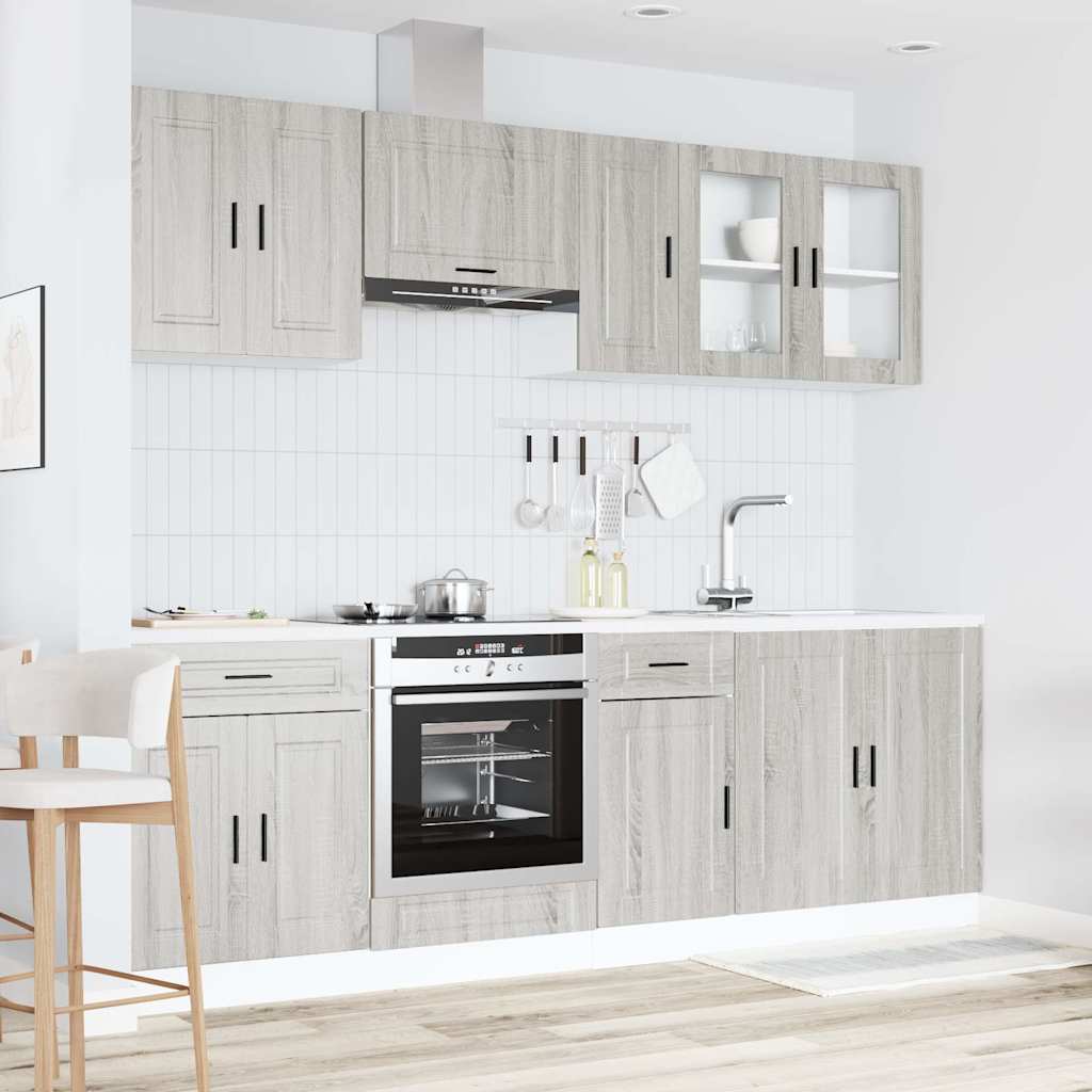 Ensemble de 8 pièces d'armoires de cuisine Kalmar Grey Sonoma en bois | Unité de cuisine moderne avec armoires et tiroirs | Faces brillantes | Ensemble de meubles de cuisine pour salon et cuisine | Solution de rangement pratique | Livraison rapide