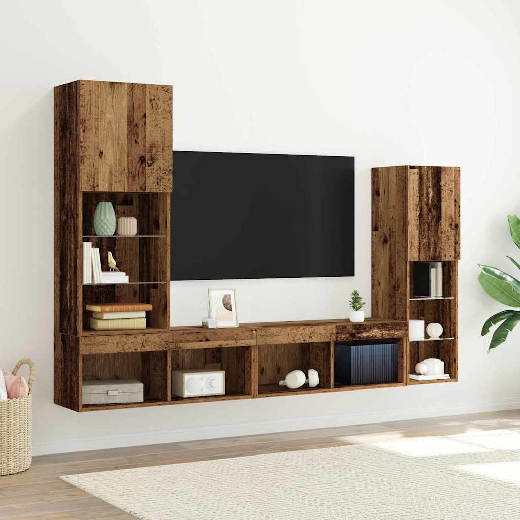 Ensemble de meuble TV vintage en bois vieilli, ensemble de 4 pièces, meuble de divertissement en bois d'ingénierie, armoire TV 40,5 x 30 x 102 cm, étagère de rangement média, meuble de salon, console TV rétro, unité TV en bois, support TV style classique