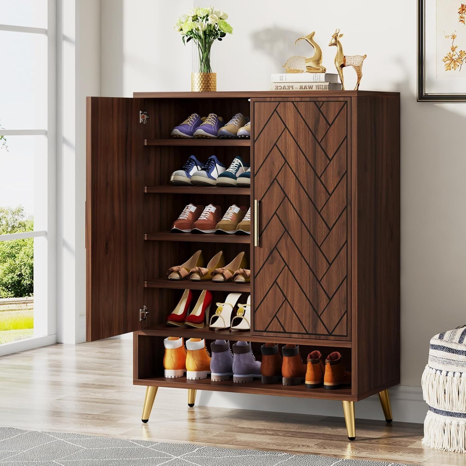 Armoire à chaussures en bois de noyer à 6 niveaux avec étagères réglables pour entrée, couloir, chambre à coucher