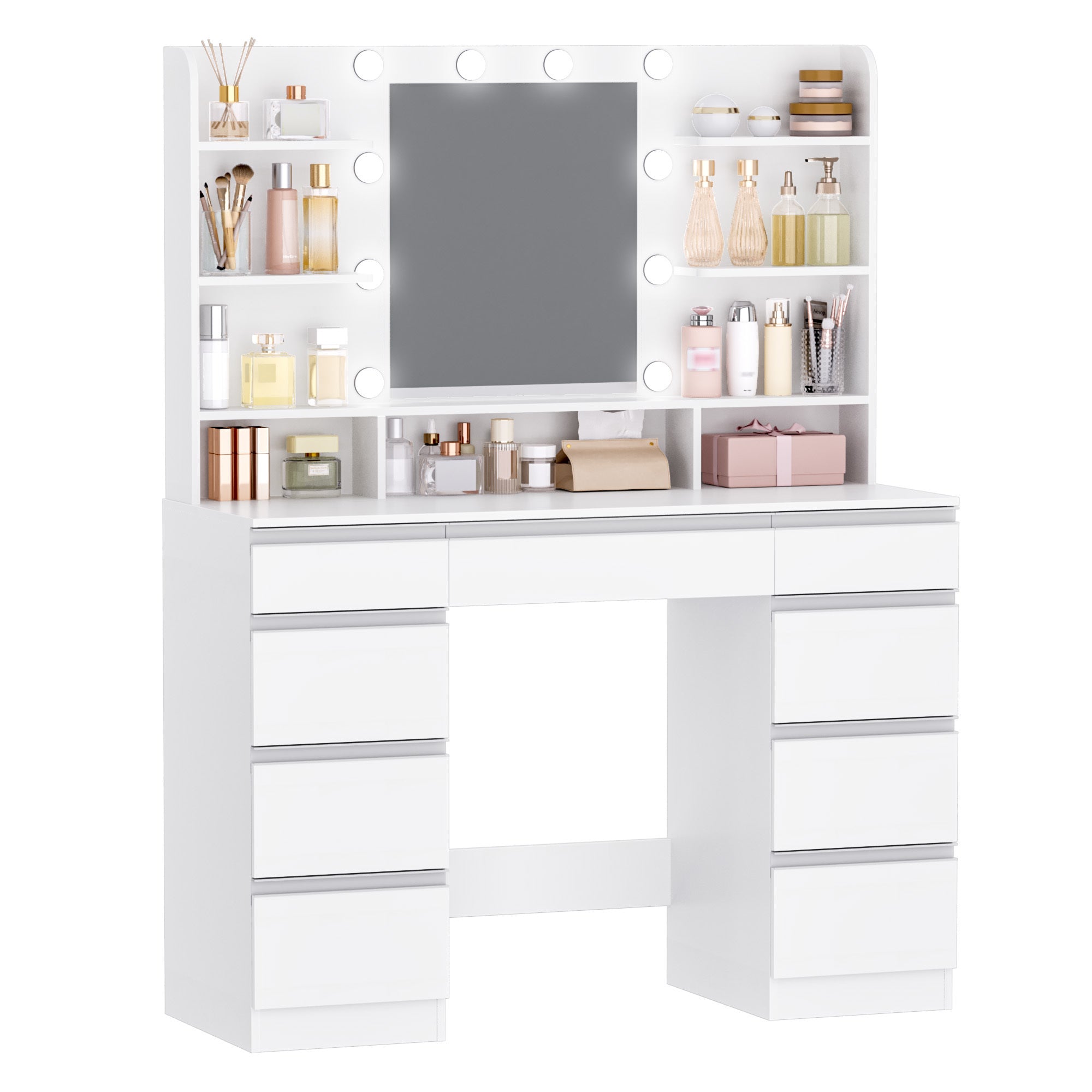 Grande Coiffeuse avec éclairage LED, 10 Boules Lumineuses LED, 3 Couleurs, luminosité réglable, Miroir, 9 tiroirs, 9 étagères Ouvertes, Style Moderne