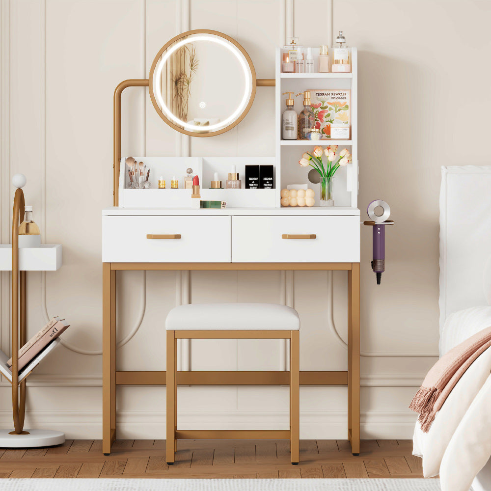 Table de toilette moderne minimaliste avec ensemble de tabourets, dimensions : W80 X D40 X H138.5 Cm, avec miroir pivotant, table de toilette élégant avec 2 tiroirs et 2 étagères ouvertes, y compris tabouret et pieds en métal doré, table de toilette et e