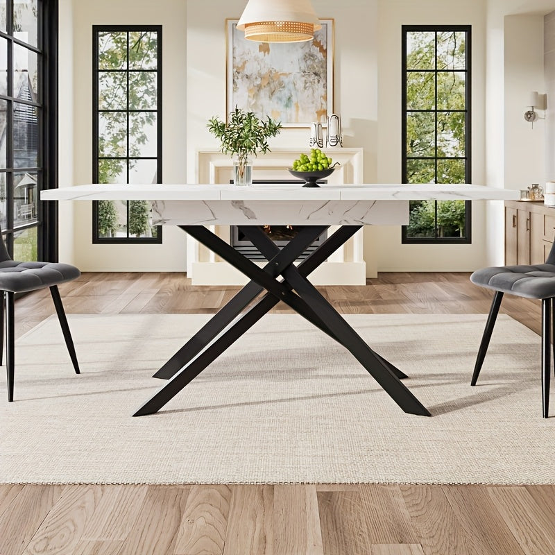 Table à manger télescopique (120-160 cm), table extensible, économiseuse d'espace pour cuisine et salon, pieds en fer croisé noir, marbre blanc, Table à Manger Extensible, Grande Table à Manger, Table à Manger Style Hamptons, Table de cuisine, Tables de