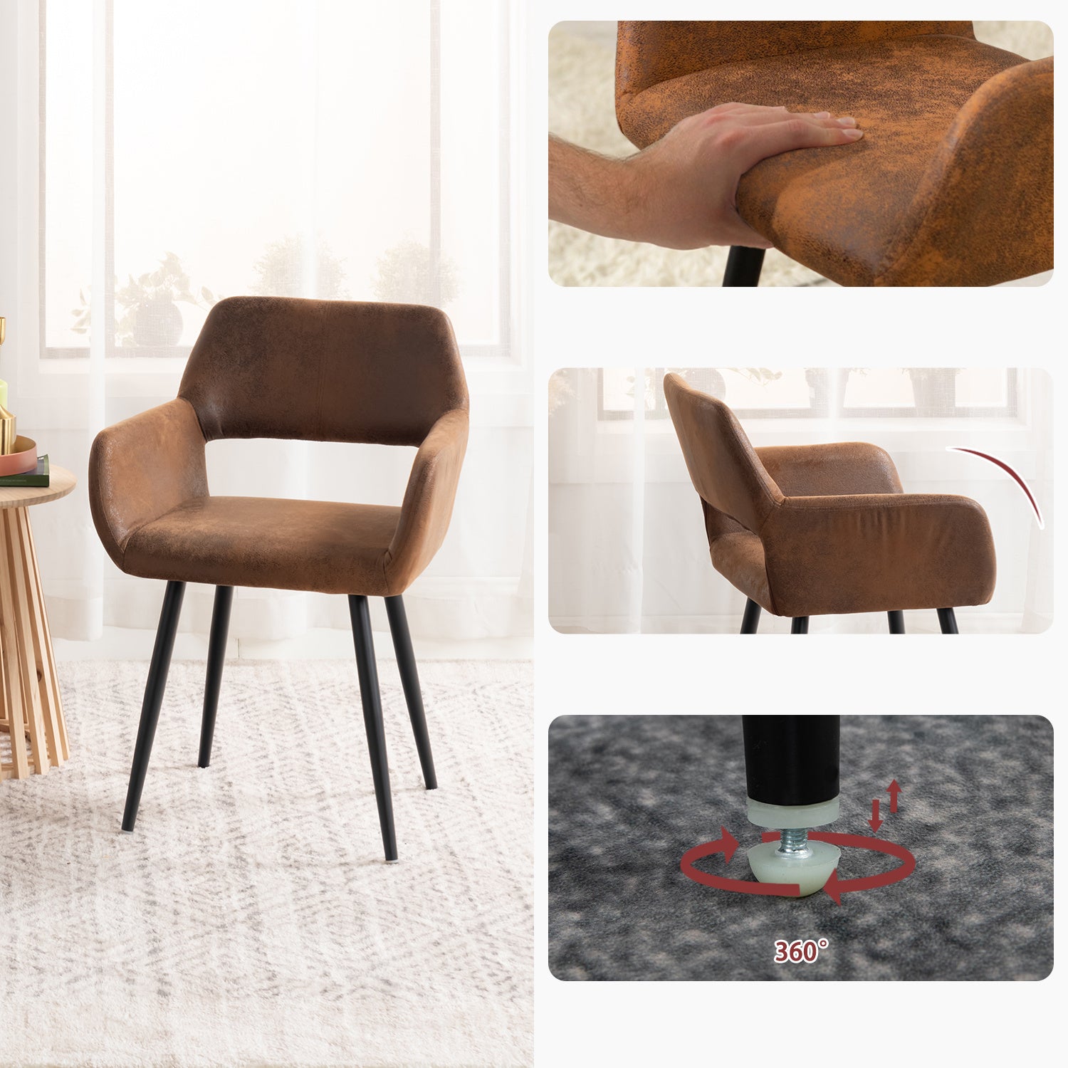 MEUBLE COSY 2 PCS Chaise de Salle à Manger Rétro Industrielle avec Accoudoir, Siège en Suède Confortable, Cadre et Pieds en Métal Robuste pour Mobilier de Maison et Salle à Manger, 56x56x78 cm, Marron