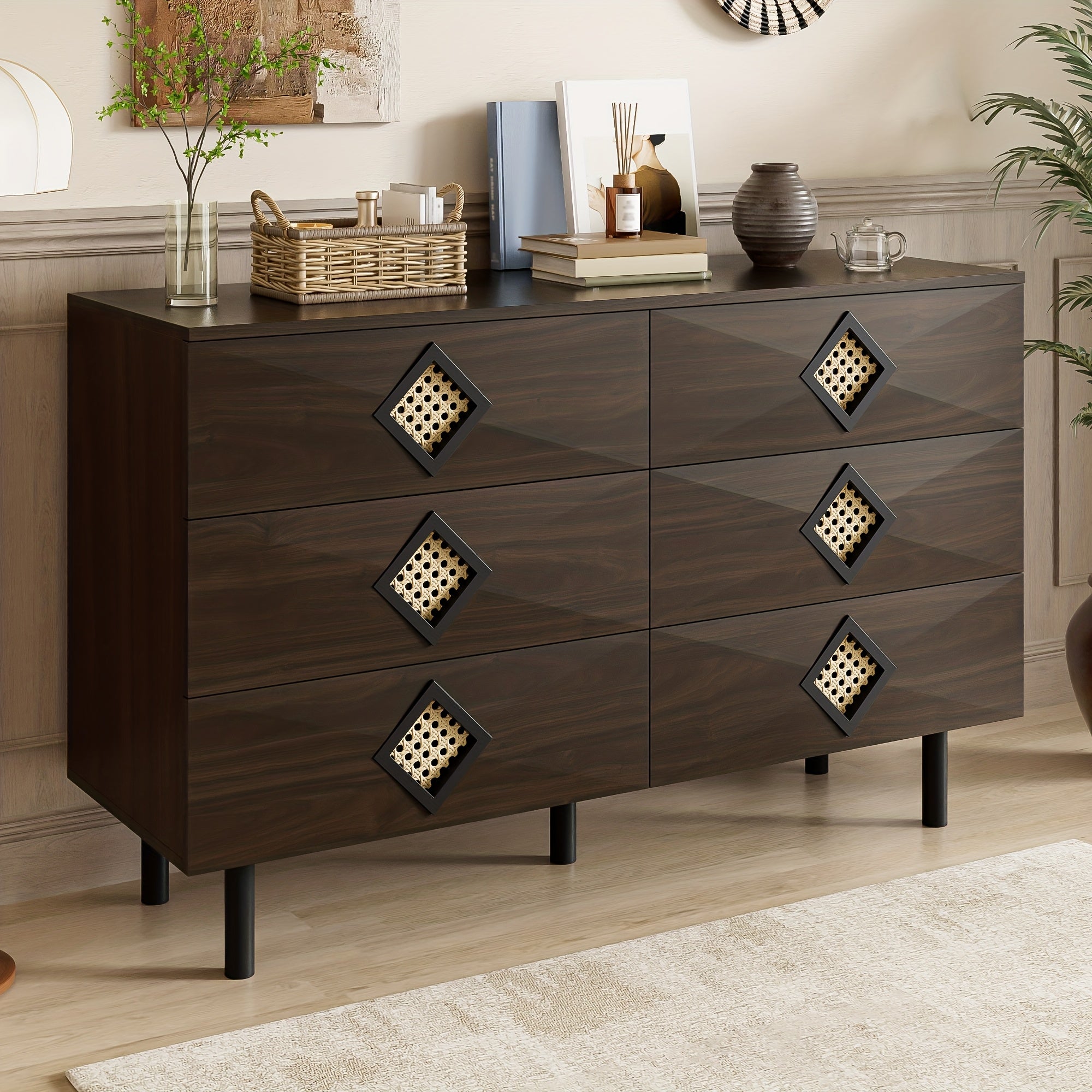 Commode Moderne à 6 Tiroirs avec Poignées en Rotin - Meuble de Rangement Élégant en Bambou, 120L x 40B x 74H, Construction Robuste, Aucun Assemblage Requis
