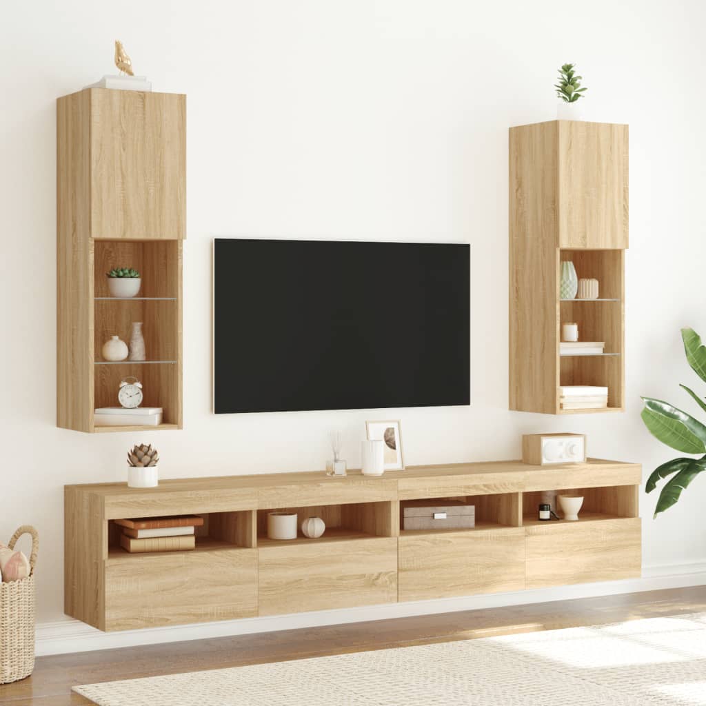Meubles TV avec s LED 2 pcs chêne sonoma 30,5x30x102 cm-HautMeuble TV Brillant, Multifonctionnel et Moderne Minimaliste | Meuble TV de Salon avec Casier de Rangement & Compartiment pour CD, Meuble de Rangement pour TV & Multimédia, Meuble d'Appoint pour