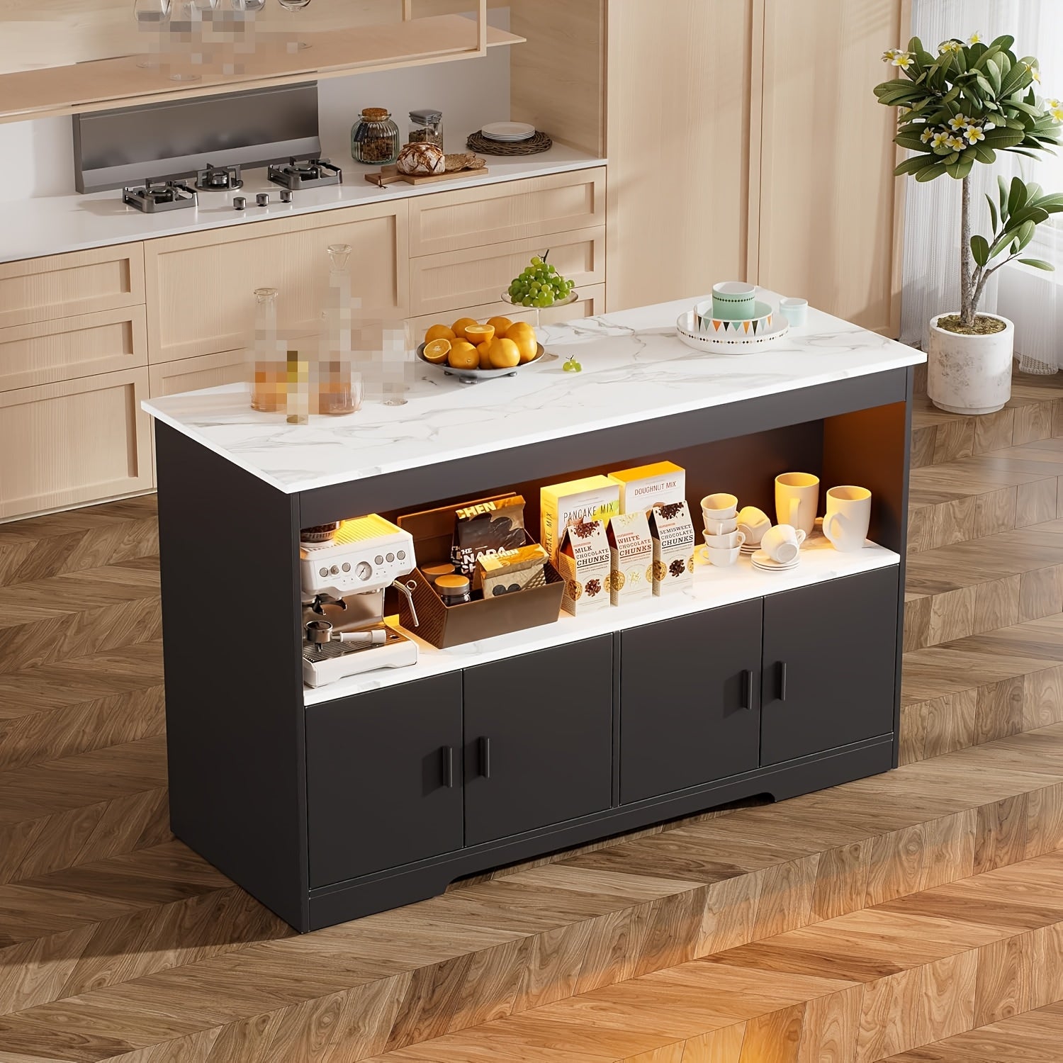 Ile de cuisine moderne style marbre avec comptoir et meubles de rangement - Construction robuste en bois franc, surface aspect marbre, poste de travail spacieux avec étagère basse et meubles surélevés, conception sur pied pour cuisine et salle à manger