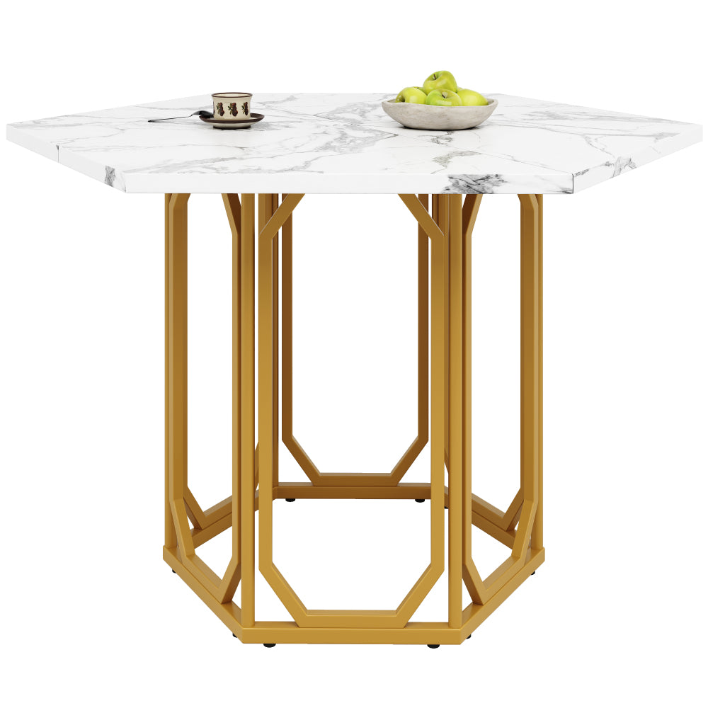 Table à Manger Hexagonale Moderne avec Effet Marbre - Plateau en Blanc et Or, Pieds Réglables & Surface Facile d'Entretien, Design Économiseur de Place pour Petits Espaces, Cadre Robuste en Acier Idéal Salon/Cuisine/Salle à Manger – Décor Contemporain da