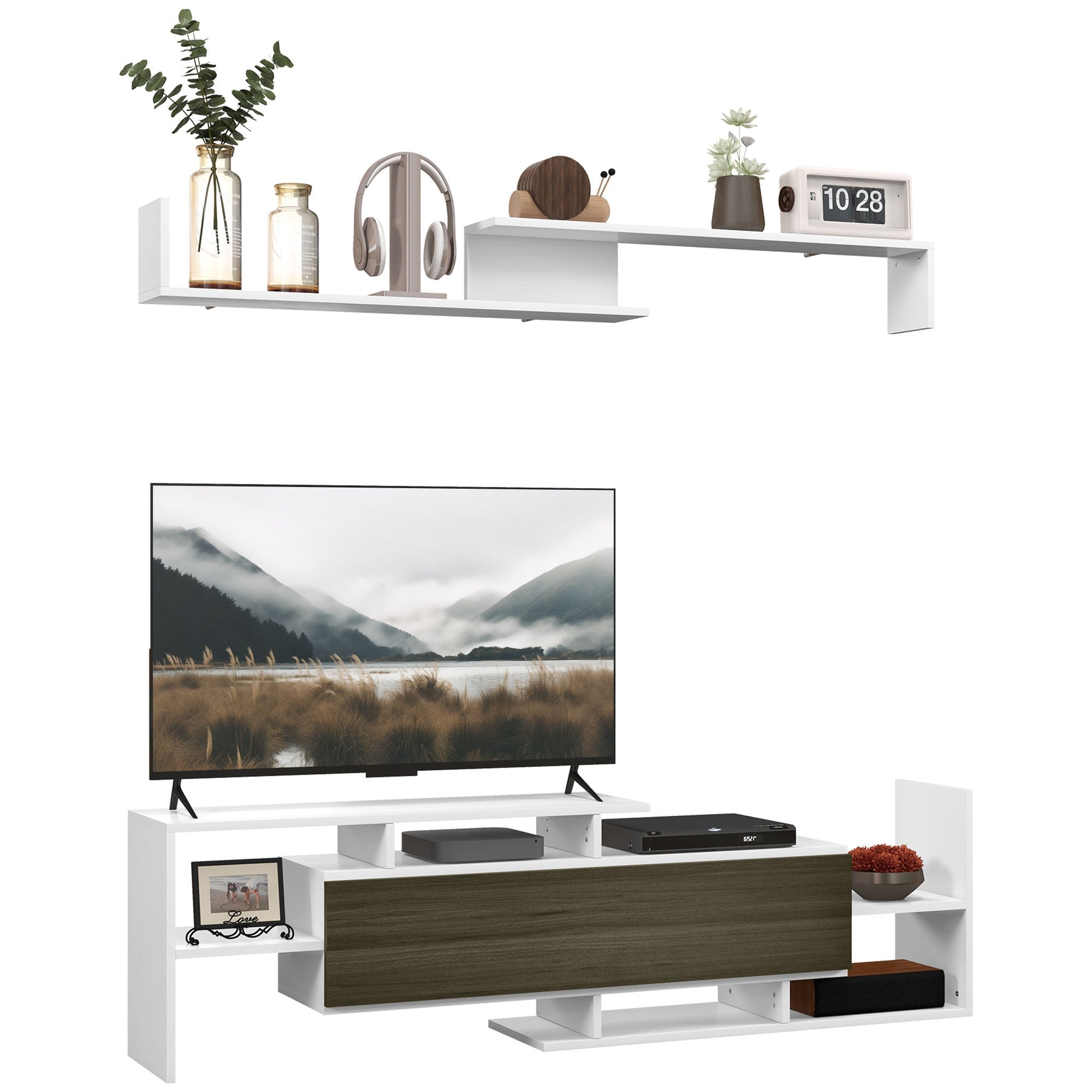 Téléviseur mobile HOMCOM avec étagère murale, étagères ouvertes et armoire fermée pour salon et chambre, en contreplaqué