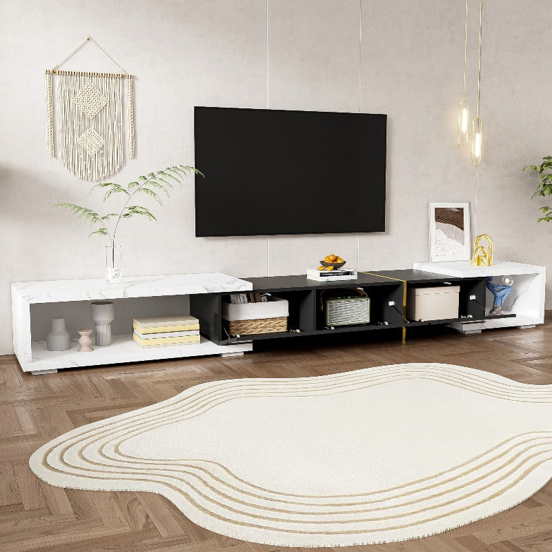 Meuble TV Moderne en Marbre Blanc avec Base Pivotante et Accents Dorés - Longueur Réglable 140-260 cm (55"-102") Cadre Métallique Robuste, Console Multimédia Noir Finition Brillant/Mat pour Grands Téléviseurs, Design Convivial Beige
