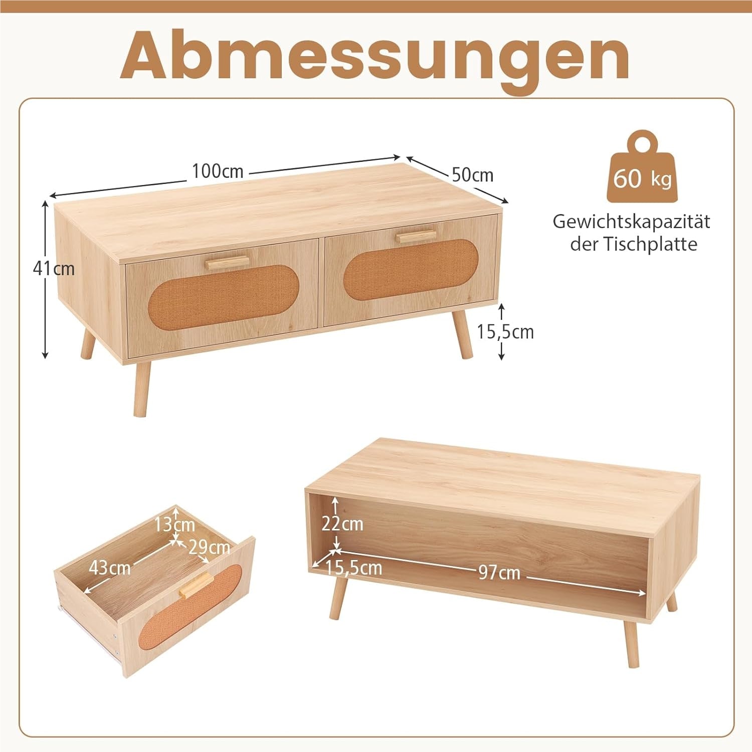 Table basse en rotin avec 2 tiroirs et compartiment arrière, pieds en bois massif, table d'appoint moderne pour salon, chambre, 100 x 50 x 41 cm, naturel