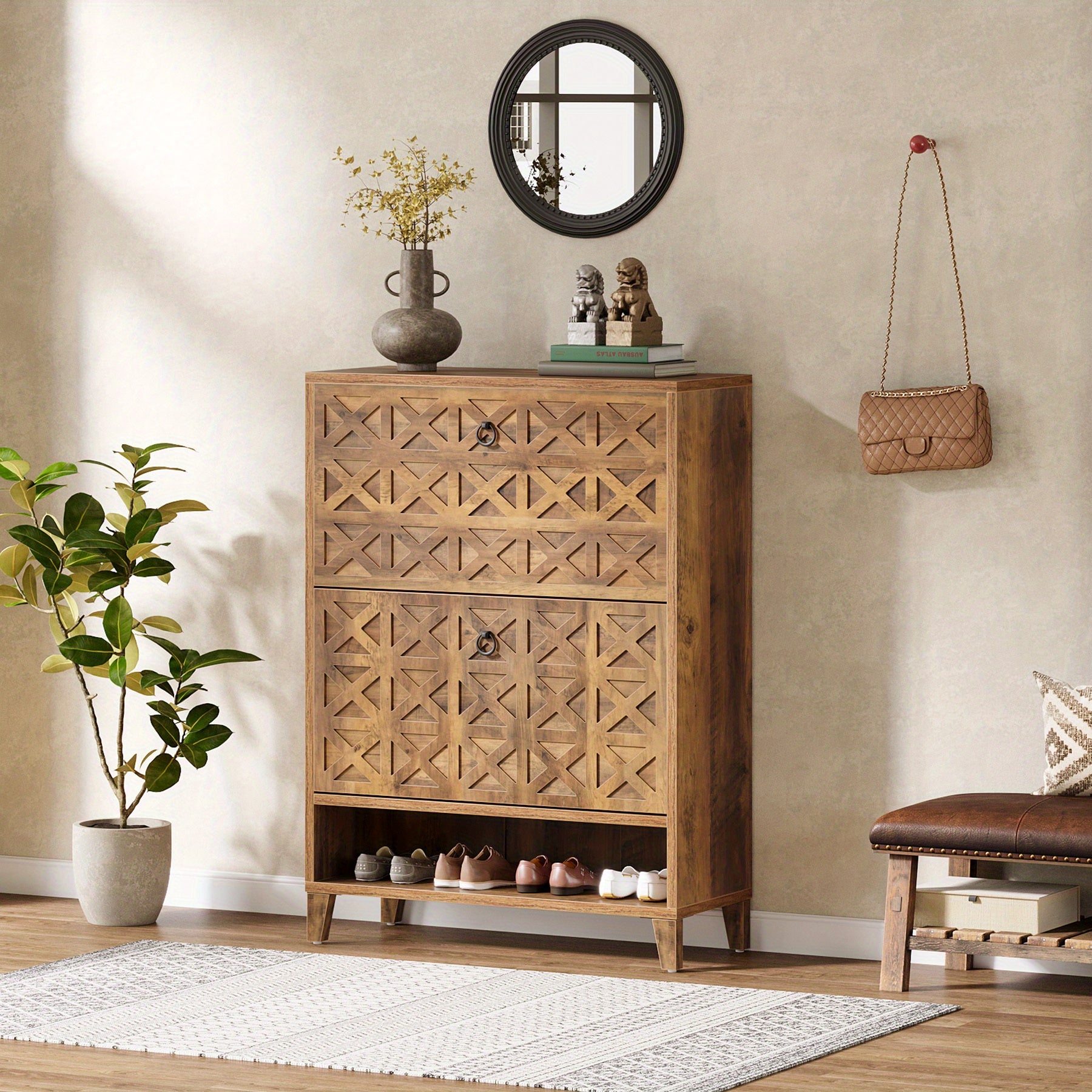 2 Tiroirs de rangement pour chaussures autoportant avec étagères ajustables - Organisateur de petite entrée, construction en bois d'ingénierie, design moderne peu encombrant avec tiroirs pliables et étagères à rotation lisse, armoire à chaussures autopor
