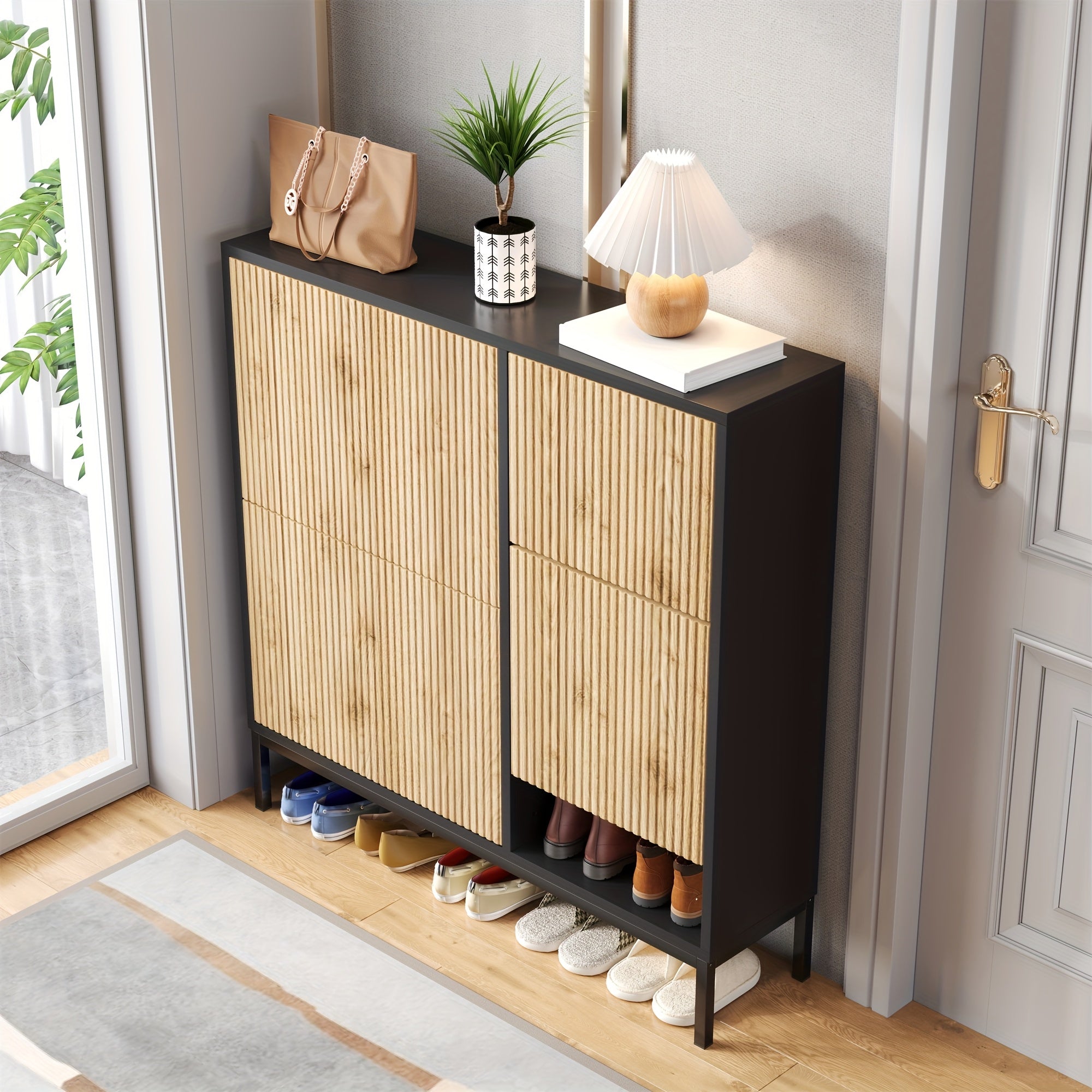 Meuble à Chaussures avec Banc - Organisateur d'Entrée avec Banc de Changement, Étagère 3 Pétale, Compartiments Ouverts - Construction Robuste pour Couloir, Chambre, Salon - Rangement Économiseur d'Espace avec Siège, Meuble à Chaussures, Finition Élégante