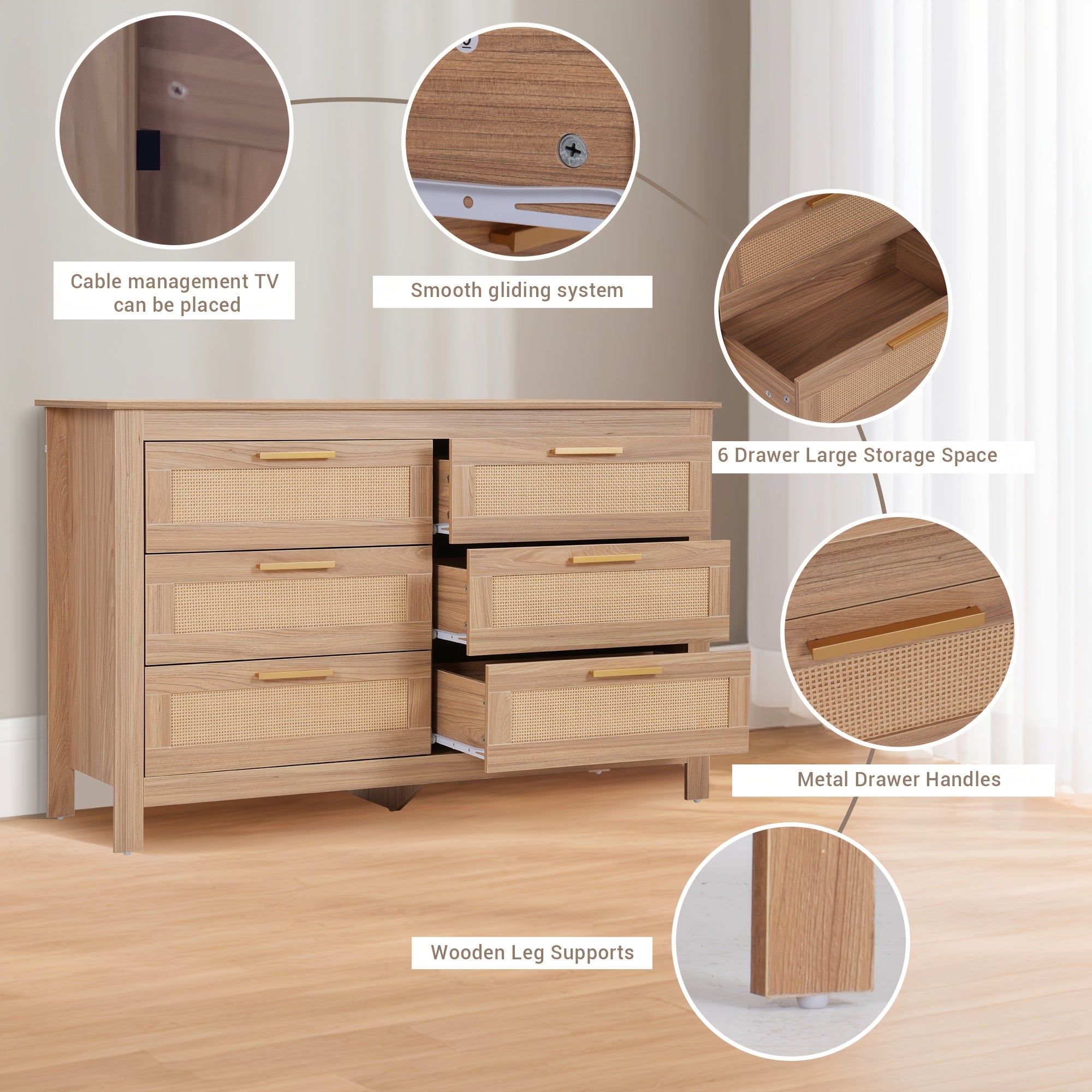 Commode Haute en Tissu avec 6 Tiroirs - Tour de Rangement Vintage Rustique à Motifs de Bois, Meuble de Rangement Autoportant avec Bacs en Tissu, Aucun Assemblage Requis, Couleur Bois Naturel (Clair) pour Placard, Chambre, Salon, Couloir, Dortoir - Vert G