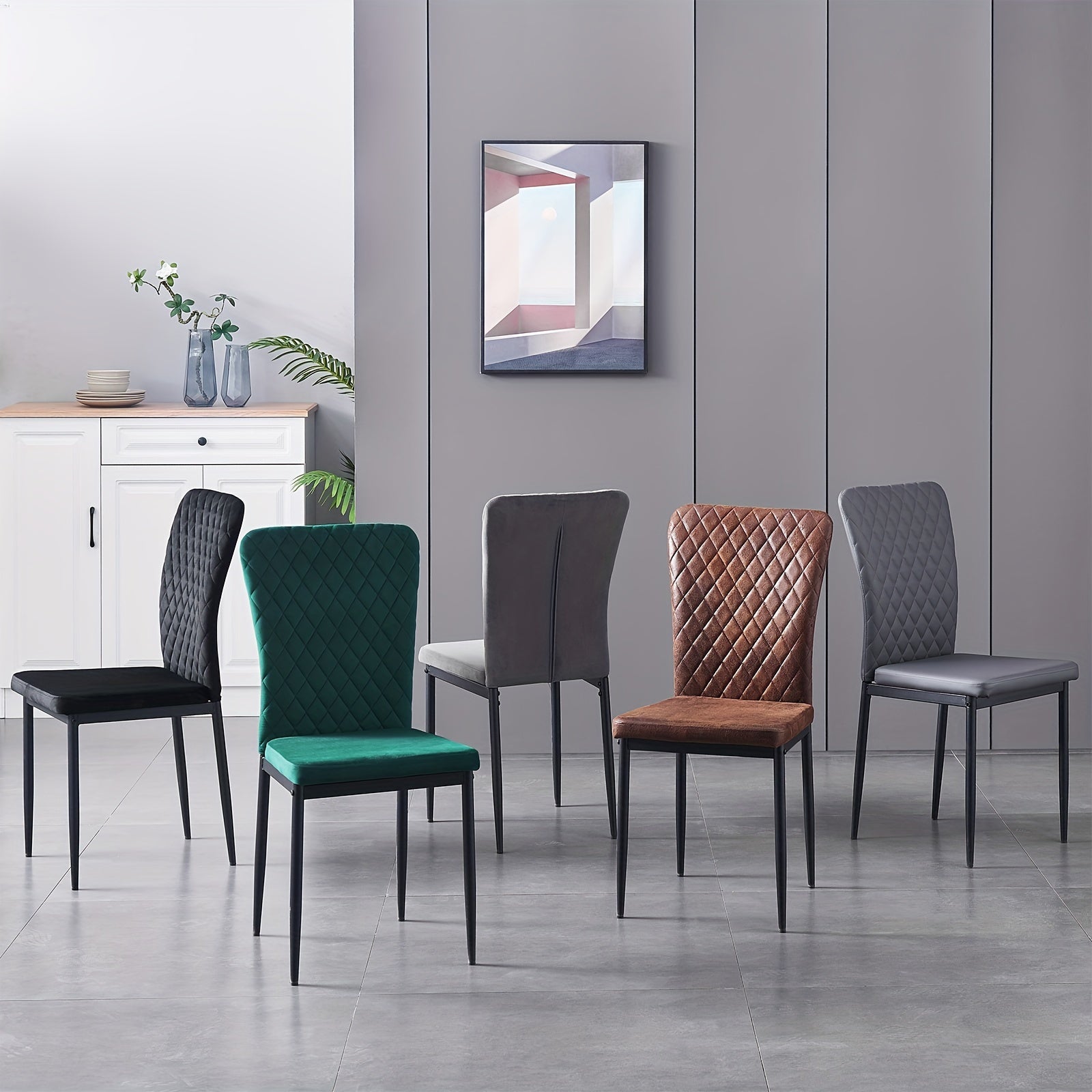 Ensemble de 4/6 Chaises de Salle à Manger en Velours/Cuir Synthétique, Dossier Haut Sans Accoudoirs avec Pieds Métalliques Noirs pour Cuisine ou Salle à Manger