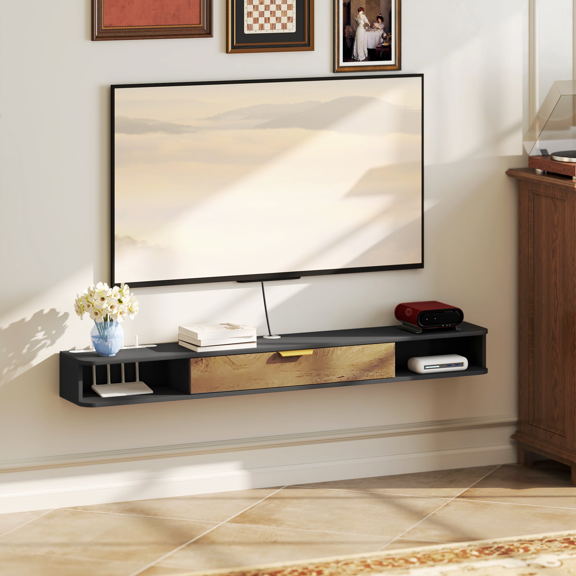 HOMCOM Meuble TV suspendu meuble télé bois banc TV mural avec compartiments ouverts, porte rabattable et passe-câbles, pour salon chambre à coucher, 160 x 24 x 16 cm, gris