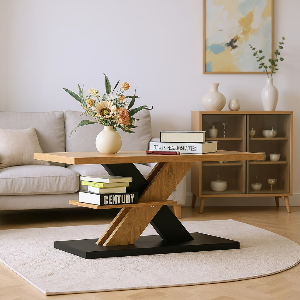 Table Basse Moderne en Chêne et Panneau de Particules Noir - Avec Étagère de Rangement, Design Rectangulaire à Plateau Relevable/Profil Bas Robuste – Meuble Multifonction Gain de Place pour Salon, Bureau ou Petits Espaces (Montage Facile) – 100x40x45 cm,