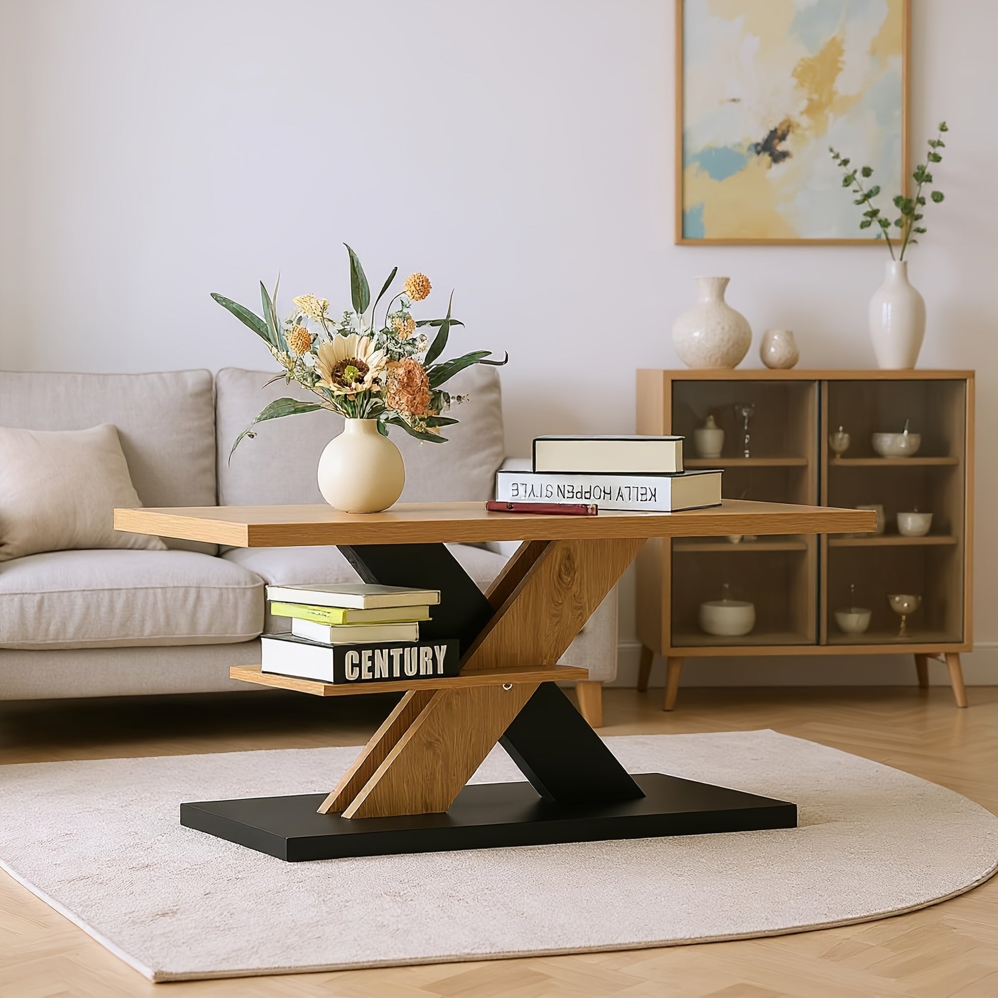 Table Basse Moderne en Chêne et Panneau de Particules Noir - Avec Étagère de Rangement, Design Rectangulaire à Plateau Relevable/Profil Bas Robuste – Meuble Multifonction Gain de Place pour Salon, Bureau ou Petits Espaces (Montage Facile) – 100x40x45 cm,