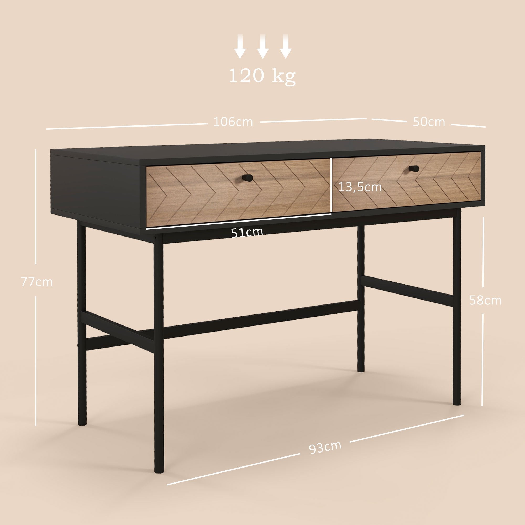 HOMCOM Bureau avec rangement table de bureau avec tiroirs Table d'Ordinateur, cadre en métal, 106L x 50l x 77H cm Noir