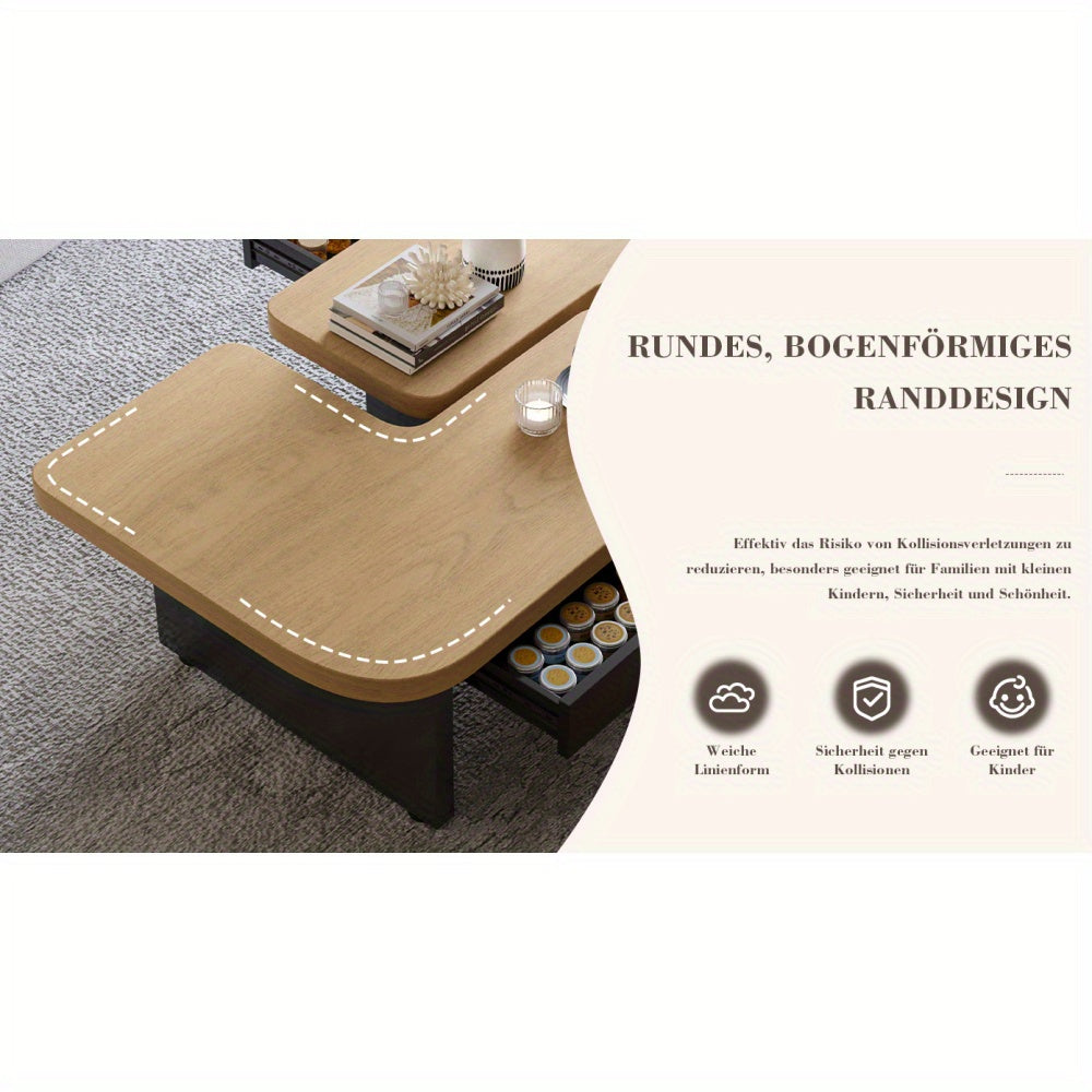 Table basse moderne 2-en-1 avec 2 tiroirs et design à courbe souple - Finition en bois naturel, pieds réglables en hauteur, style vintage pour salon ou bureau, table basse pour salon, meuble polyvalent, élégante exécution artisanale
