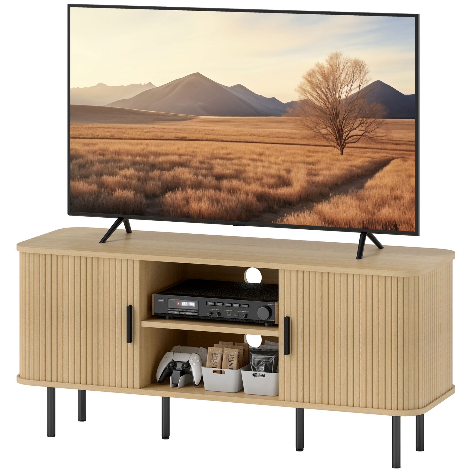 Meuble TV, Meuble TV, Meuble De Rangement Avec 2 Portes Roulantes Et Lattes, Design Scandinave, Accueille Les Téléviseurs Jusqu'à 55 Pouces 120 Cm, Ton Chêne