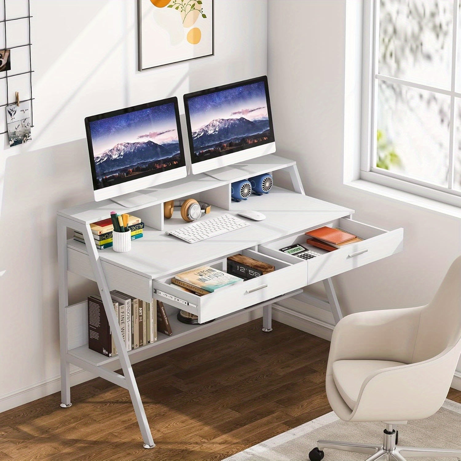 Bureau avec étagères et tiroirs, bureau de bureau moderne de 120 cm, bureau de bureau avec support d'écran pour utilisation à domicile (blanc)