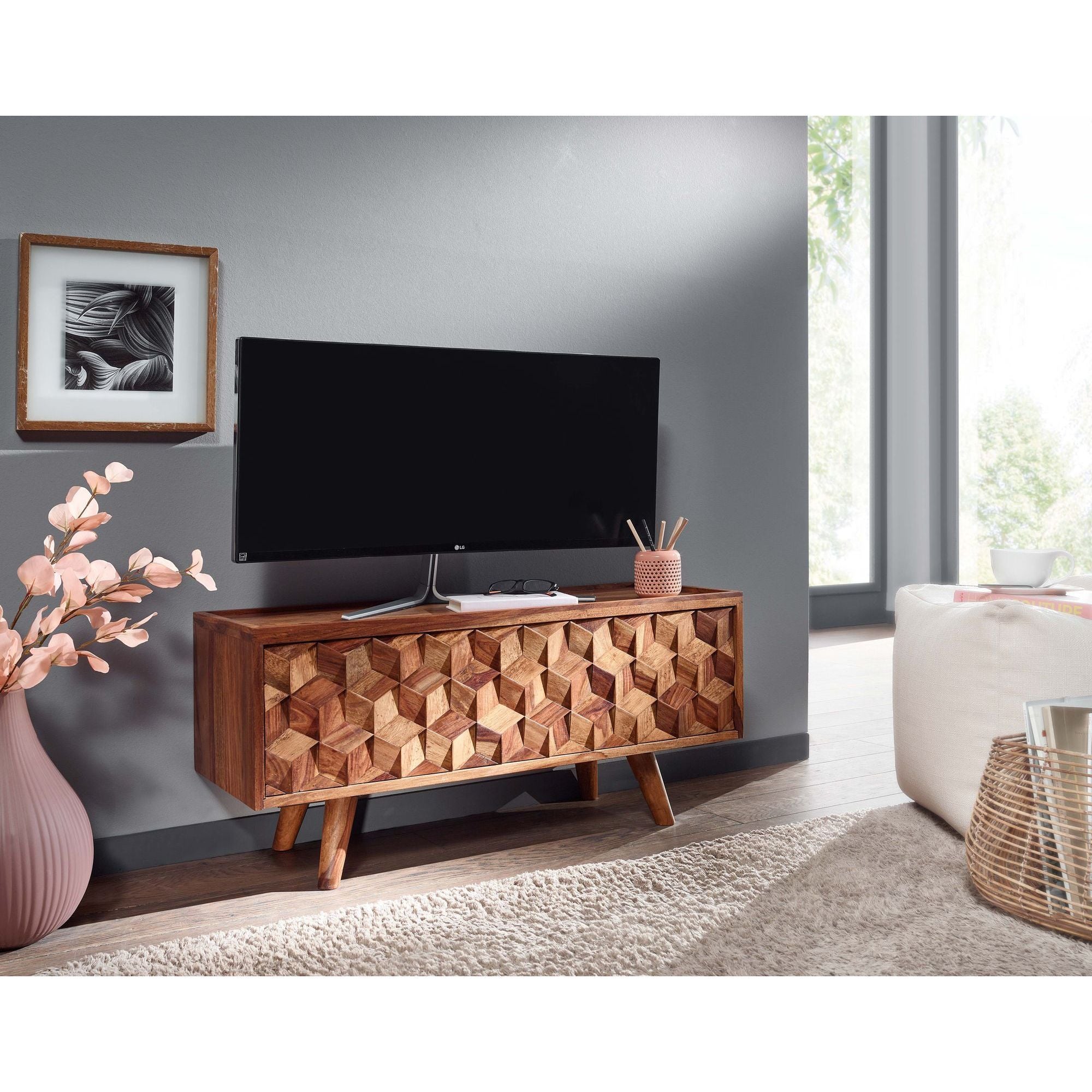 Meuble TV Bas en Bois Massif Sheesham 92X44X35 Cm avec Porte à Volet, Design TV Haut, Table TV Moderne Meuble TV Salon