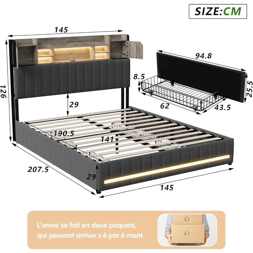 Lit YCZ 140 x 190 cm avec sommier à lattes, LED et USB, lit double avec tête de lit et 4 tiroirs, lit capitonné pour 2 personnes, cadre de lit avec sommier à lattes (matelas non inclus)