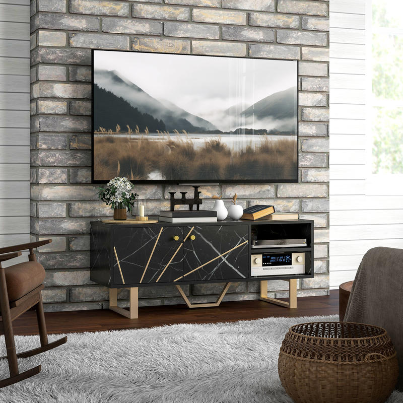 Meuble TV banc TV meuble pour télévision jusqu'à 50 pouces avec placard, étagère réglable et passe-câbles , noir