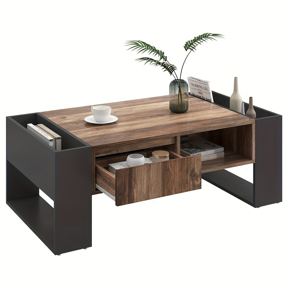 Table à Thé avec Grain de Bois, Table de Salon avec Espace de Rangement Abondant: Équipée d'1 Tiroir et 2 Compartiments de Rangement, Convient pour le Salon et le Bureau à la Maison