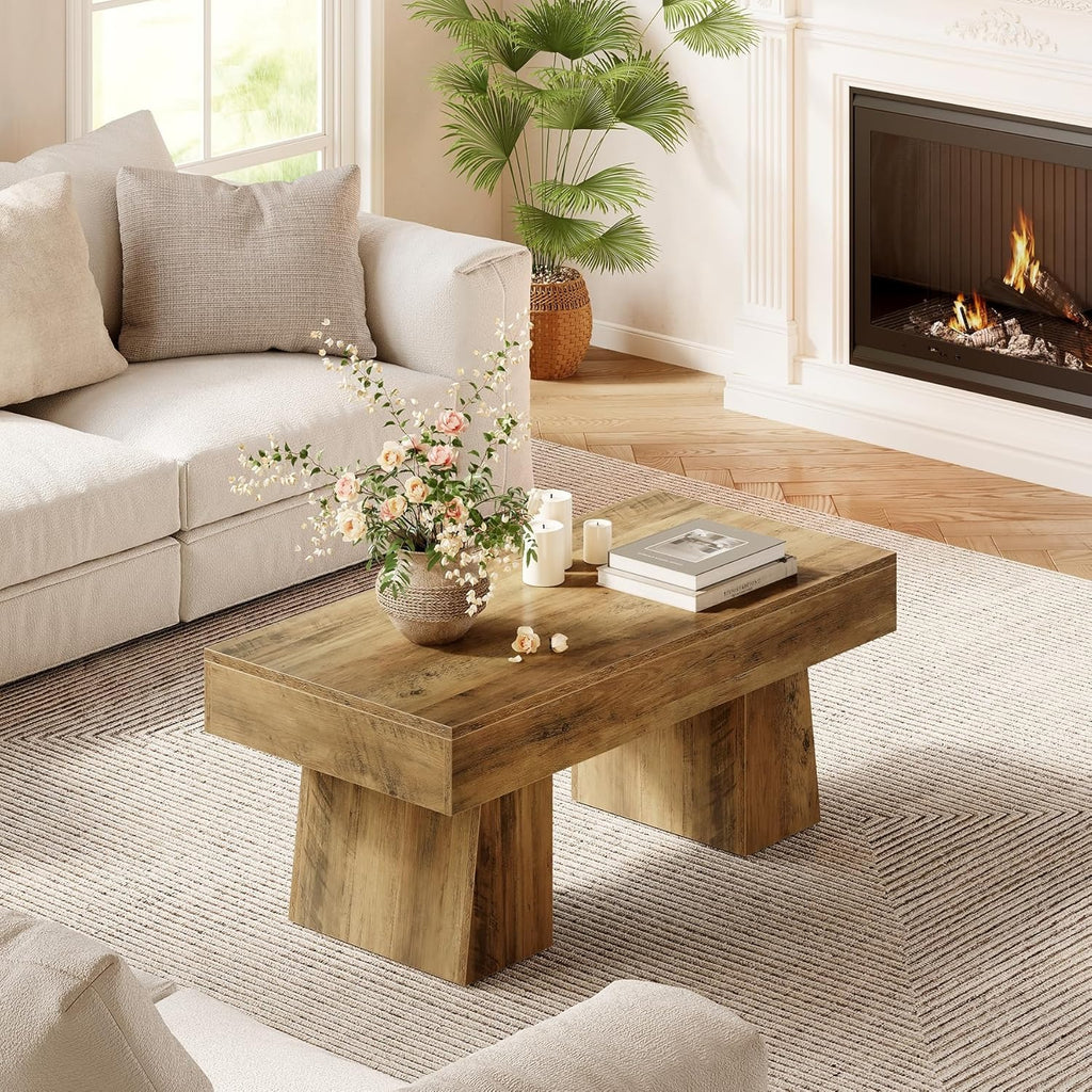 Table Basse de Ferme 47 Pouces - Design Rustique Brun en Bois Ingénieré, Base Épaisse et Solide, Modèle Moderne Rectangulaire pour Salon, Montage Facile (Construction MDF & Bois Massif)