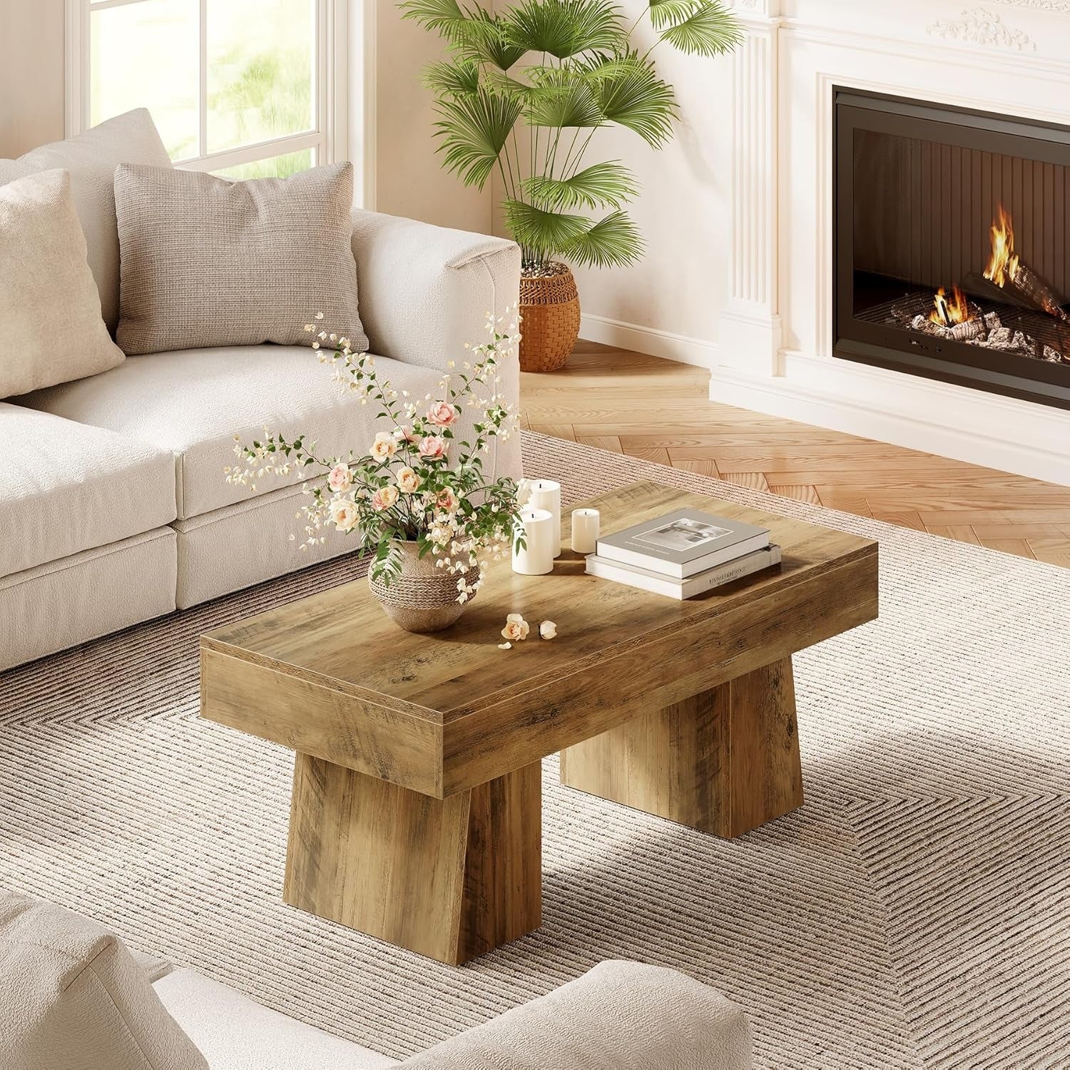 Table Basse de Ferme 47 Pouces - Design Rustique Brun en Bois Ingénieré, Base Épaisse et Solide, Modèle Moderne Rectangulaire pour Salon, Montage Facile (Construction MDF & Bois Massif)