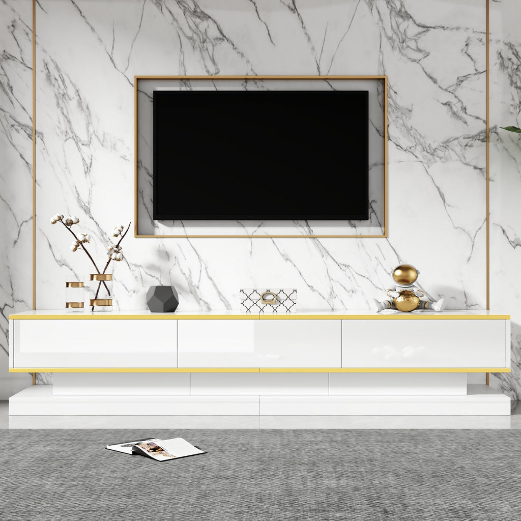 200 * 40 * 40cm Armoire à télévision, Lowboard avec 3 tiroirs, haut-brillant TV-Stand, Livingzimmerschrank mit großem Stauraum, Warmweißer TV-Table avec bord doré, Armoire à télévision
