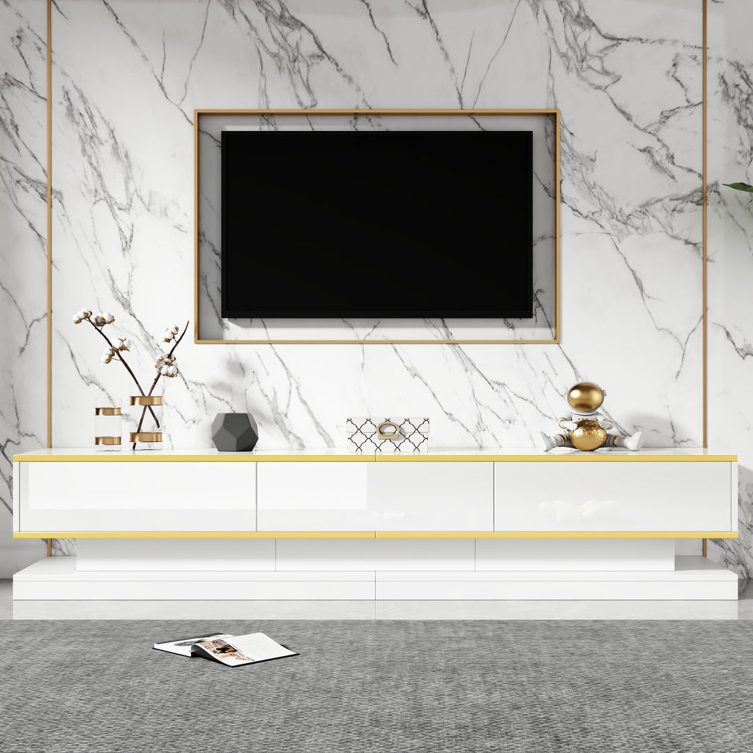 200 * 40 * 40cm Armoire à télévision, Lowboard avec 3 tiroirs, haut-brillant TV-Stand, Livingzimmerschrank mit großem Stauraum, Warmweißer TV-Table avec bord doré, Armoire à télévision