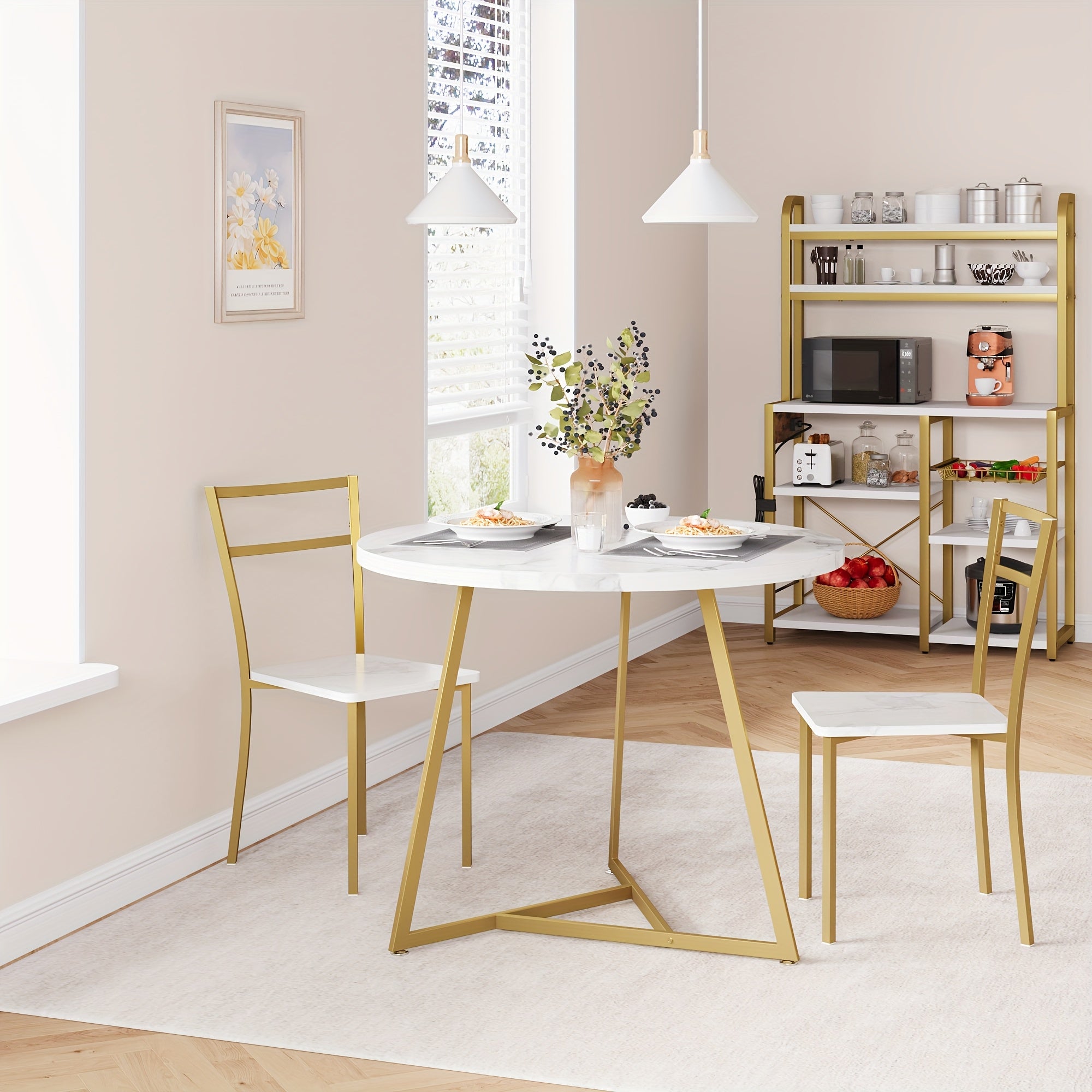 Ensemble de Table à Manger pour 2, Tables Rondes et Chaises Cuisine pour 2 Personnes, Ensemble Moderne avec 2 Tabourets en Bois et Acier Inoxydable, Idéal Petit Espace ou Appartement – Marbre Blanc Doré, Repas en Appartement,Meubles pour Petits Espaces,R
