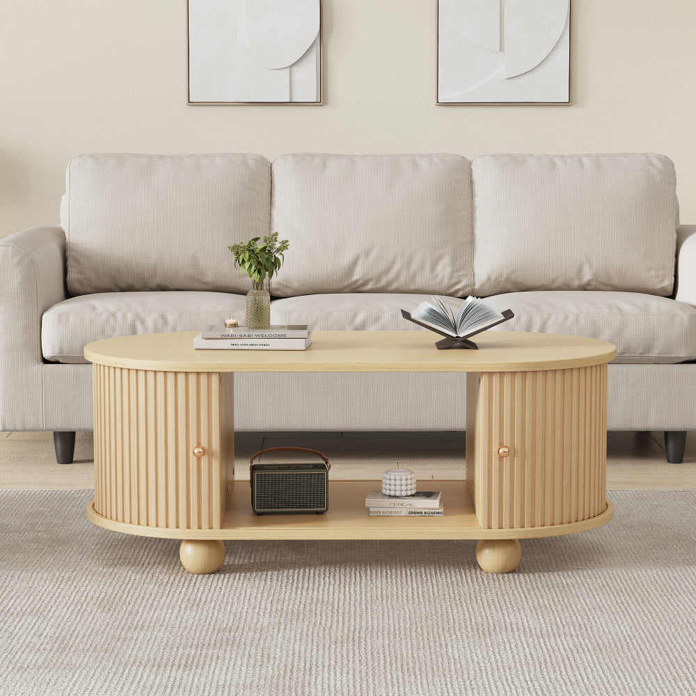 Table basse ovale simple moderne, meuble de rangement, meuble de sol, table à manger, avec porte coulissante, meuble multifonctionnel en bois peu encombrant, meuble TV de salon, support TV avec espace de rangement, 2 tiroirs en MDF rond, grain de bois or