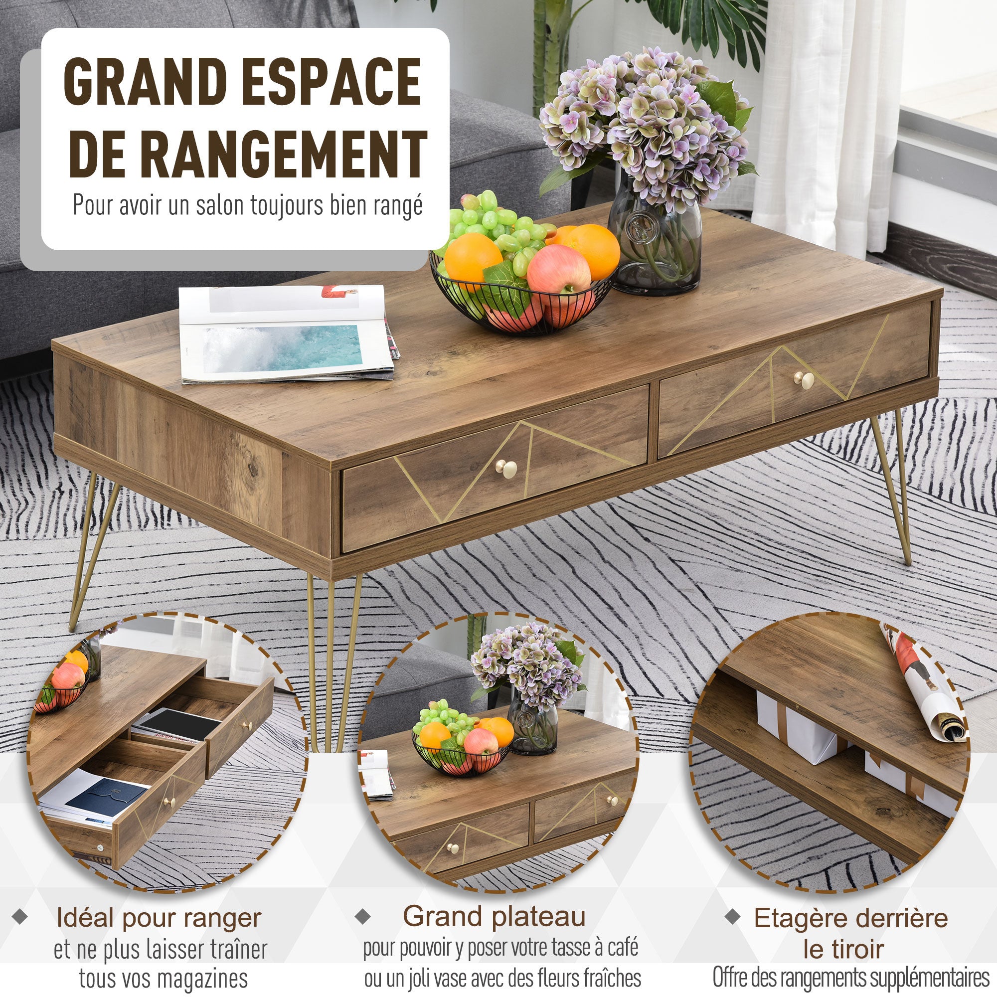 Table basse en bois de luxe avec plateau large et 2 tiroirs, décorée de lignes dorées peintes à la main, mesure 43,3" x 23" x 16,5" (110L x 59W x 42H cm) en couleur marron.