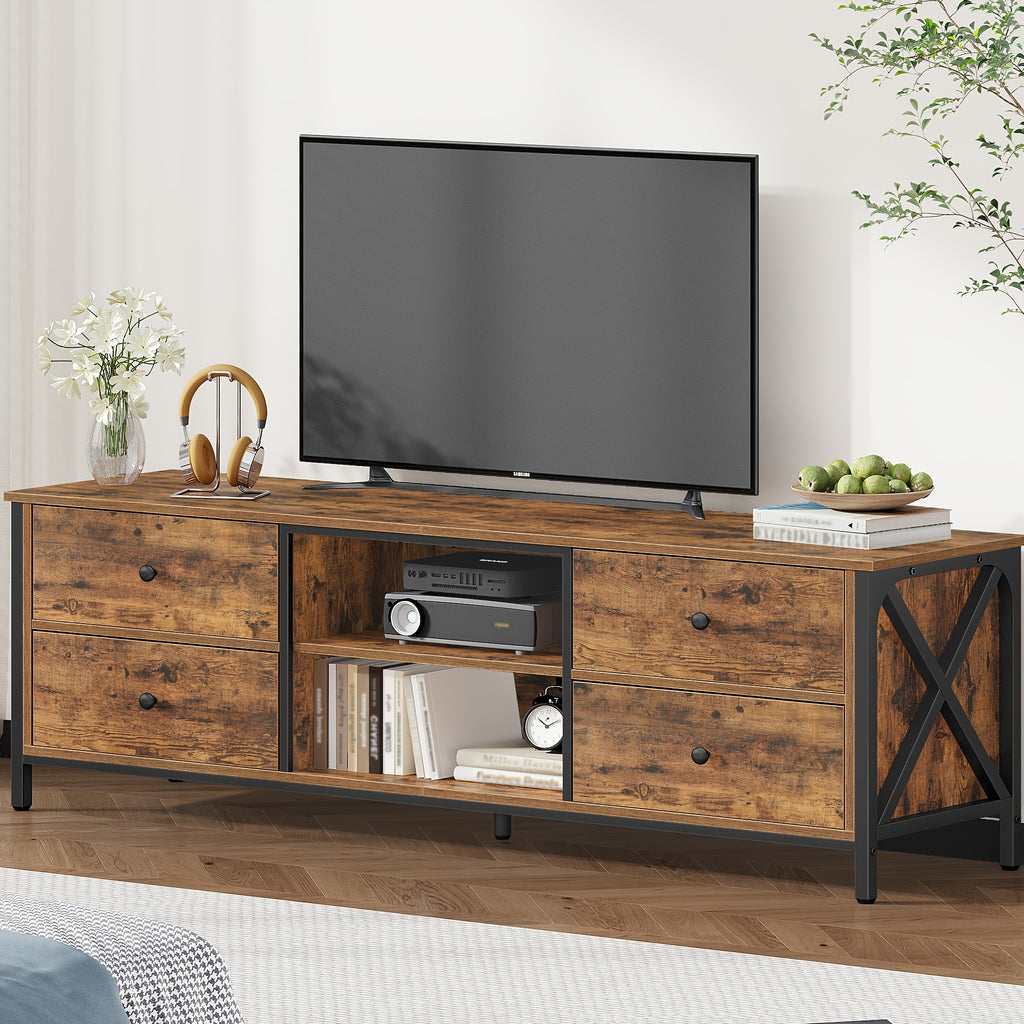 Meuble TV avec 4 tiroirs, support pour télévisions de moins de 65 pouces, 2 compartiments ouverts, 40 x 147 x 50 cm, meuble salon/chambre vintage marron noir, Console Média,Meubles Classiques,Rangement Ouvert,Étagère d'exposition,Vie en Appartement,Passi