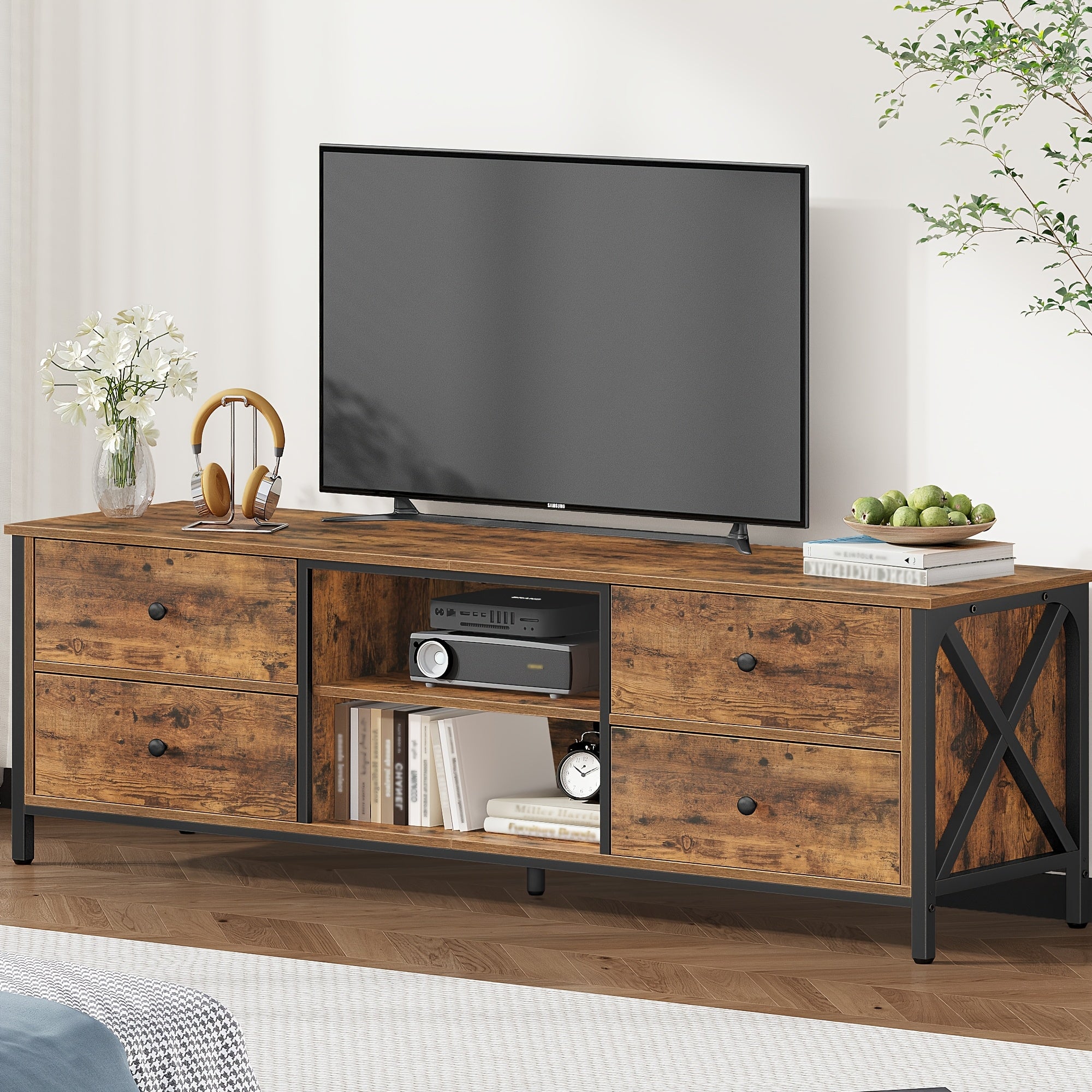 Meuble TV avec 4 tiroirs, support pour télévisions de moins de 65 pouces, 2 compartiments ouverts, 40 x 147 x 50 cm, meuble salon/chambre vintage marron noir, Console Média,Meubles Classiques,Rangement Ouvert,Étagère d'exposition,Vie en Appartement,Passi