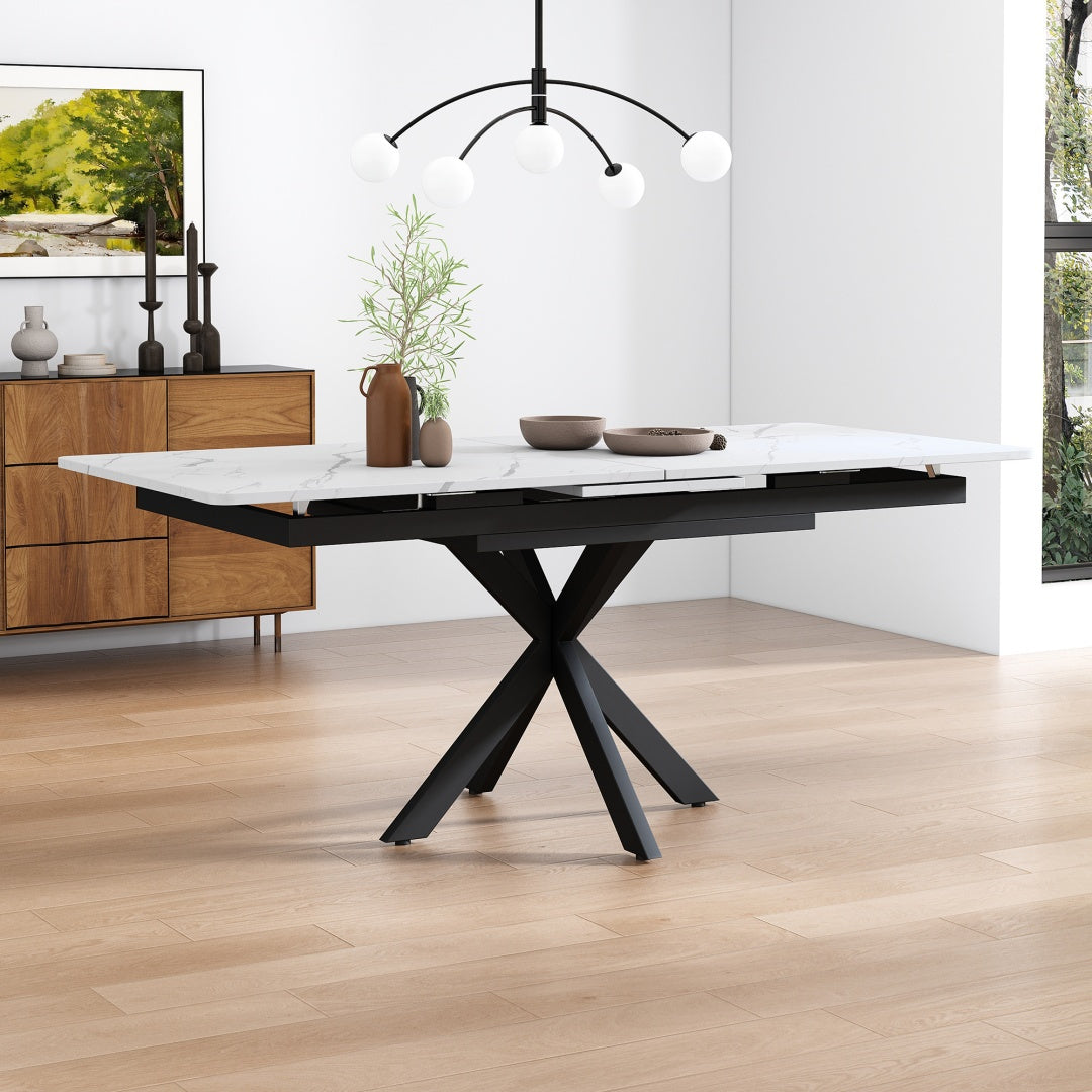 Table à manger extensible, table à manger extensible automatique, table à manger rectangulaire, table de salon, L150/180 X W70 X H76 Cm, conception croisée, structure en marbre, noir et blanc.