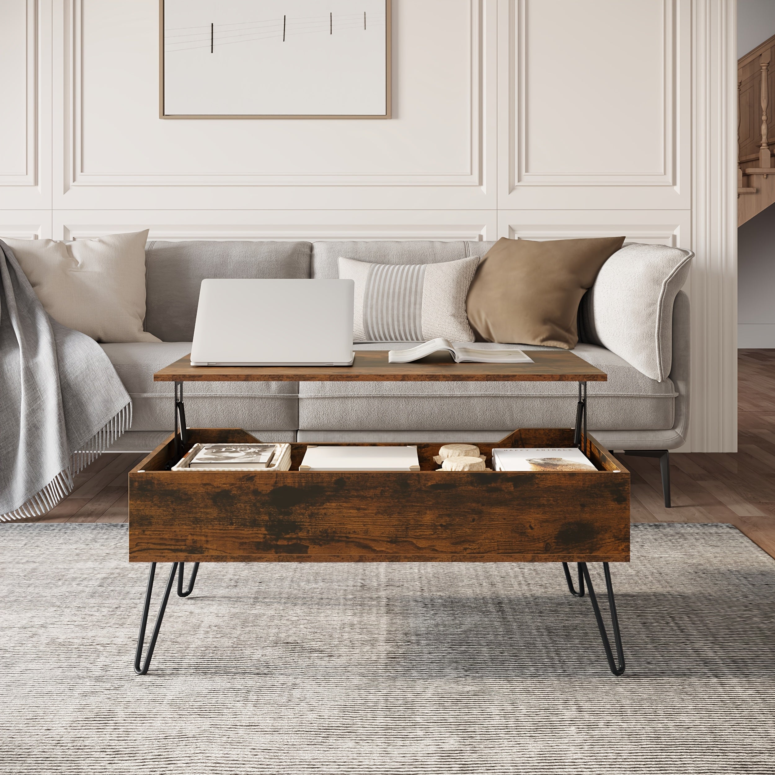 1pièce Table à café, Table de salon réglable en hauteur, Table de salon et de salle à manger, Bureau, Extensible, avec un espace de rangement caché, Adapté aux bureaux de salon, Résistant aux rayures et imperméable