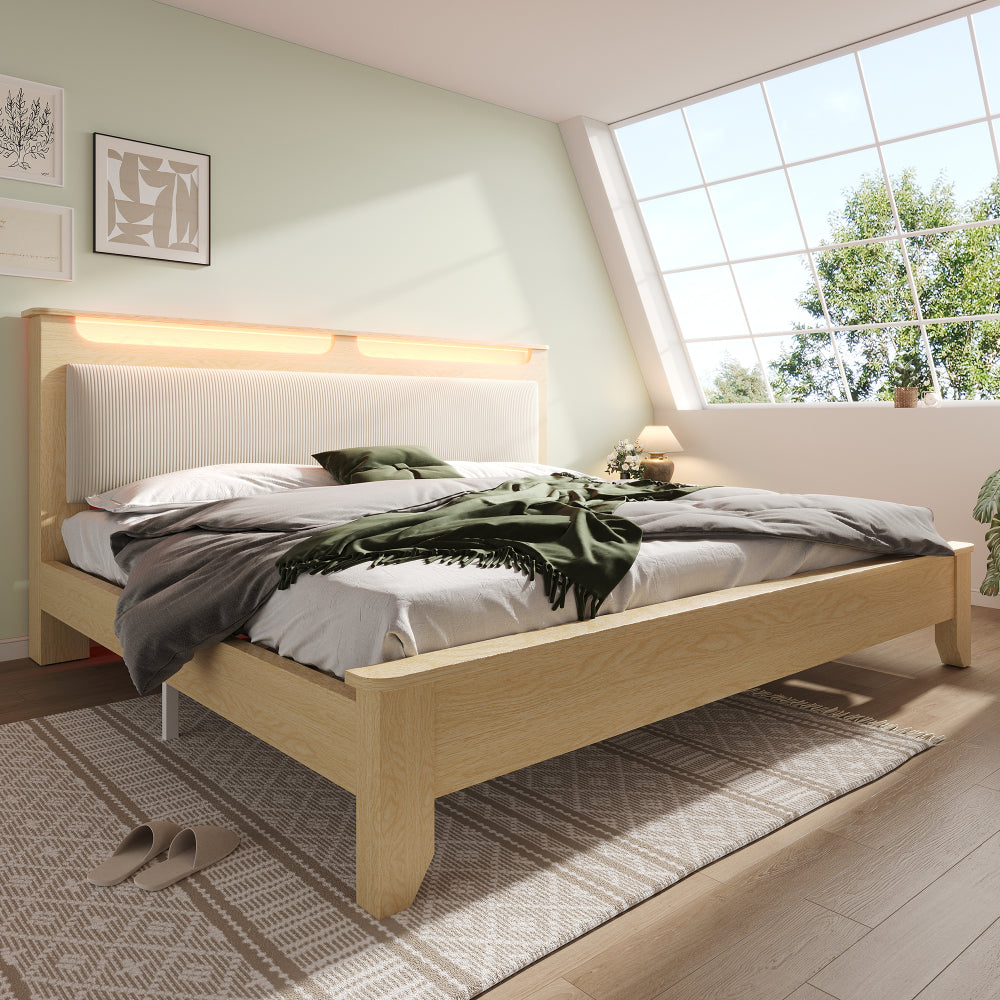 Lit double en bois, 140*200Cm/160*200Cm/180×200 Cm optionnel, Tête de lit avec espace de rangement, Tête de lit intégrée, Cadre de lit multifonctionnel, Lit de convalescence, Lit double dans la chambre, Cadre de lit en bois, Lit intégral, Dossier rembour
