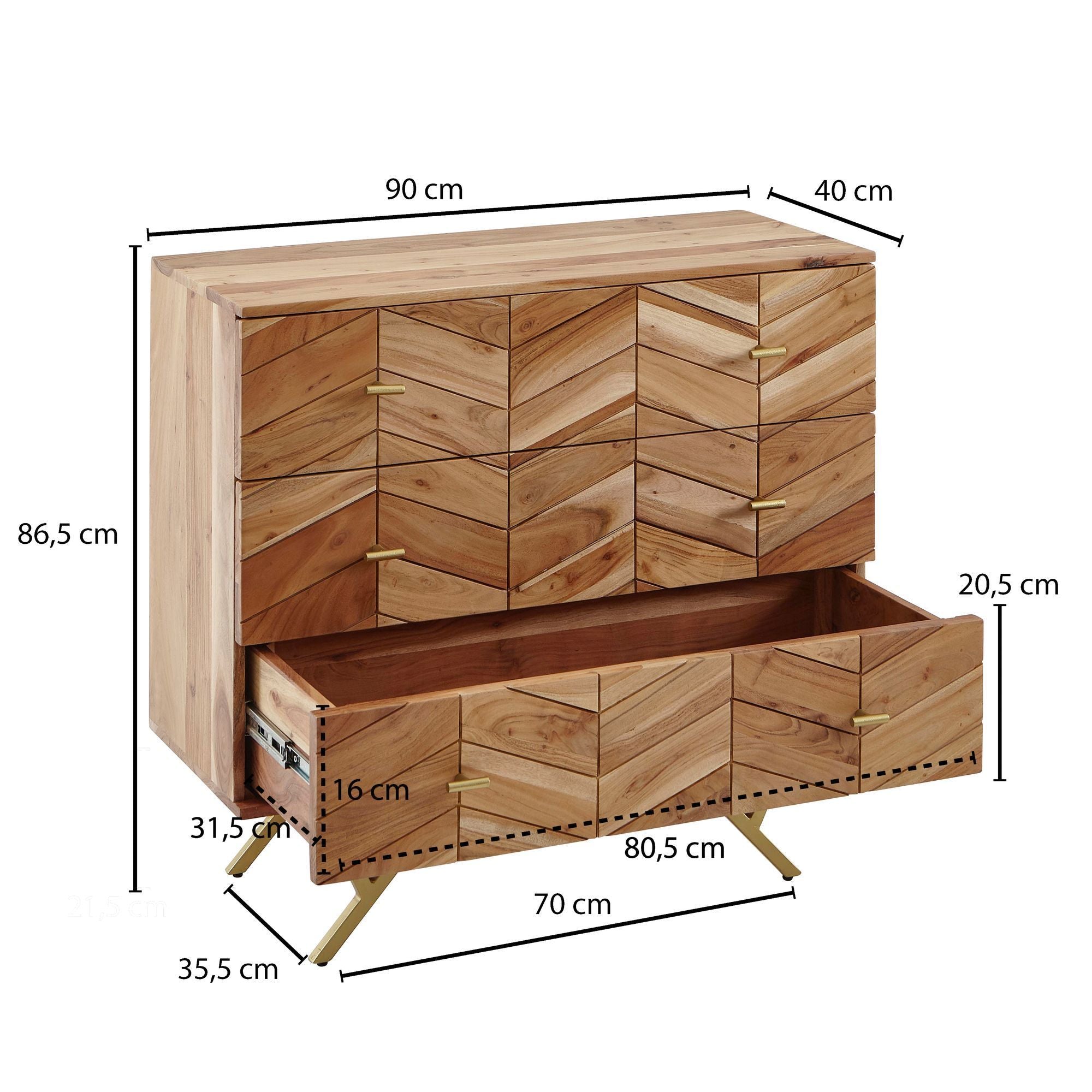 Commode en Bois Massif 90cm Acacia Naturel avec 3 Tiroirs, Buffet Métal Doré