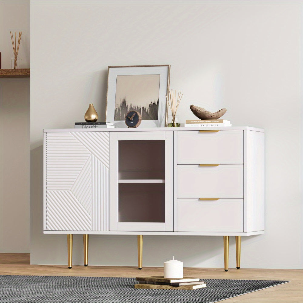 Organisateur d'entrée, commode à 3 tiroirs et 2 portes avec pieds métalliques et vitres, blanc, dimensions : 120 x 38 x 79,5 cm, répond à vos besoins de rangement et embellit votre vie !