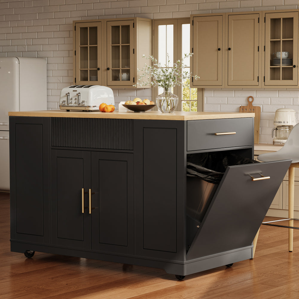 Ile de cuisine minimaliste moderne, armoire de cuisine, buffet, mesurant 120 x 50 x 92 cm, îlot de cuisine mobile, chariot de cuisine portable avec roulettes, compartiment poubelle, étagères réglables, deux portes et trois tiroirs, chariot de cuisine pli