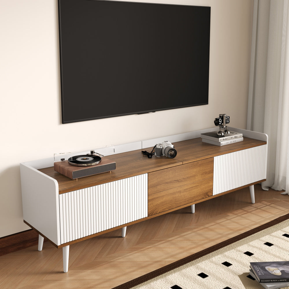 Meuble TV Moderne Blanc & Bois Naturel avec Meuble de Rangement à 3 Portes - Console Média Compacte, Conception Peu Encombrante pour Petits Espaces, Montage Facile, Construction Robuste, Hauteur 49.5", Longueur 160cm, Largeur 39cm, Centre de Divertisseme